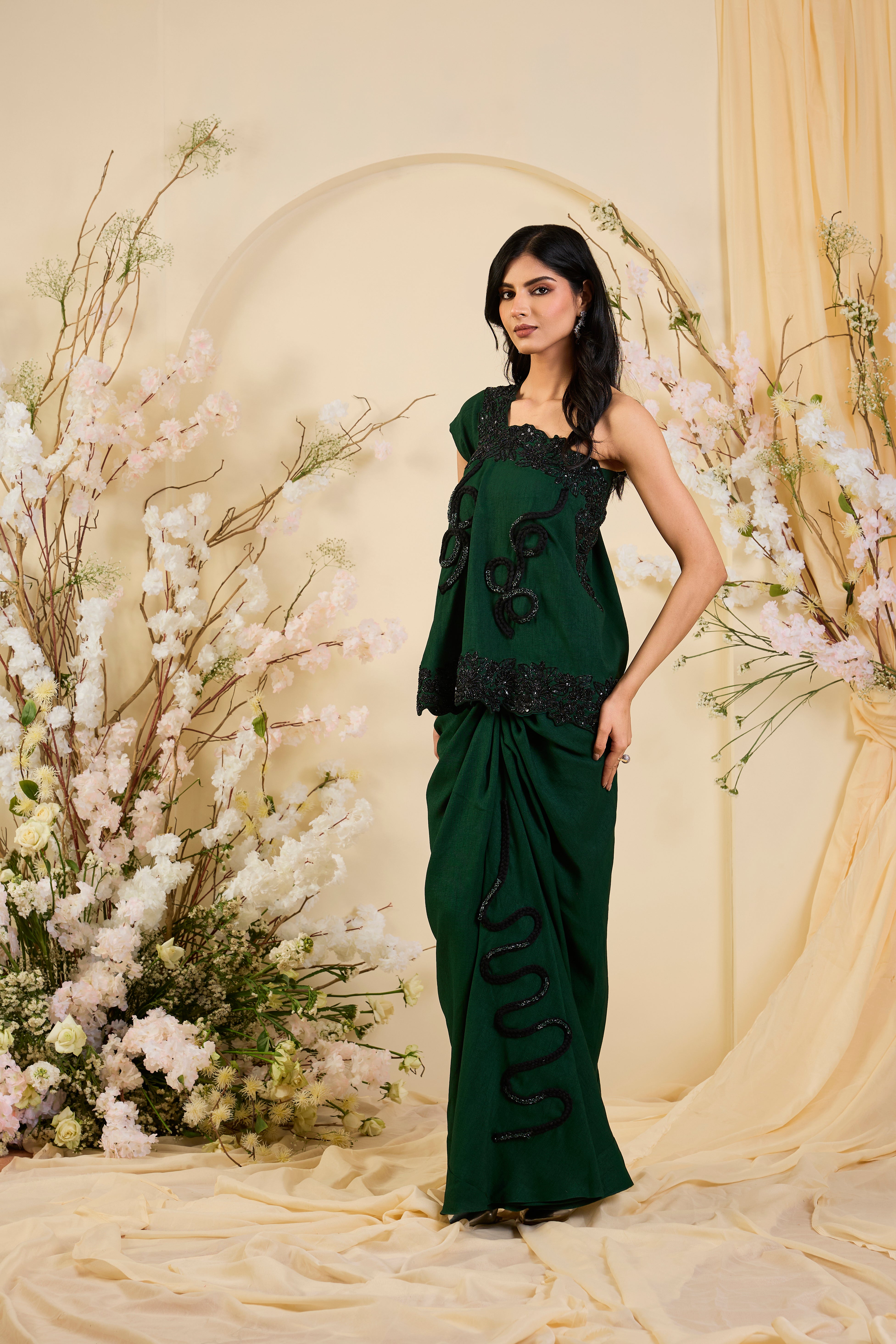 Emerald Drape Skirt set with Sculpted One-Shoulder Cape & Noir Embellished Artistry