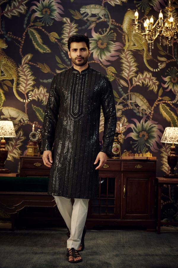 Black Sequined Winter Kurta and Tights Set