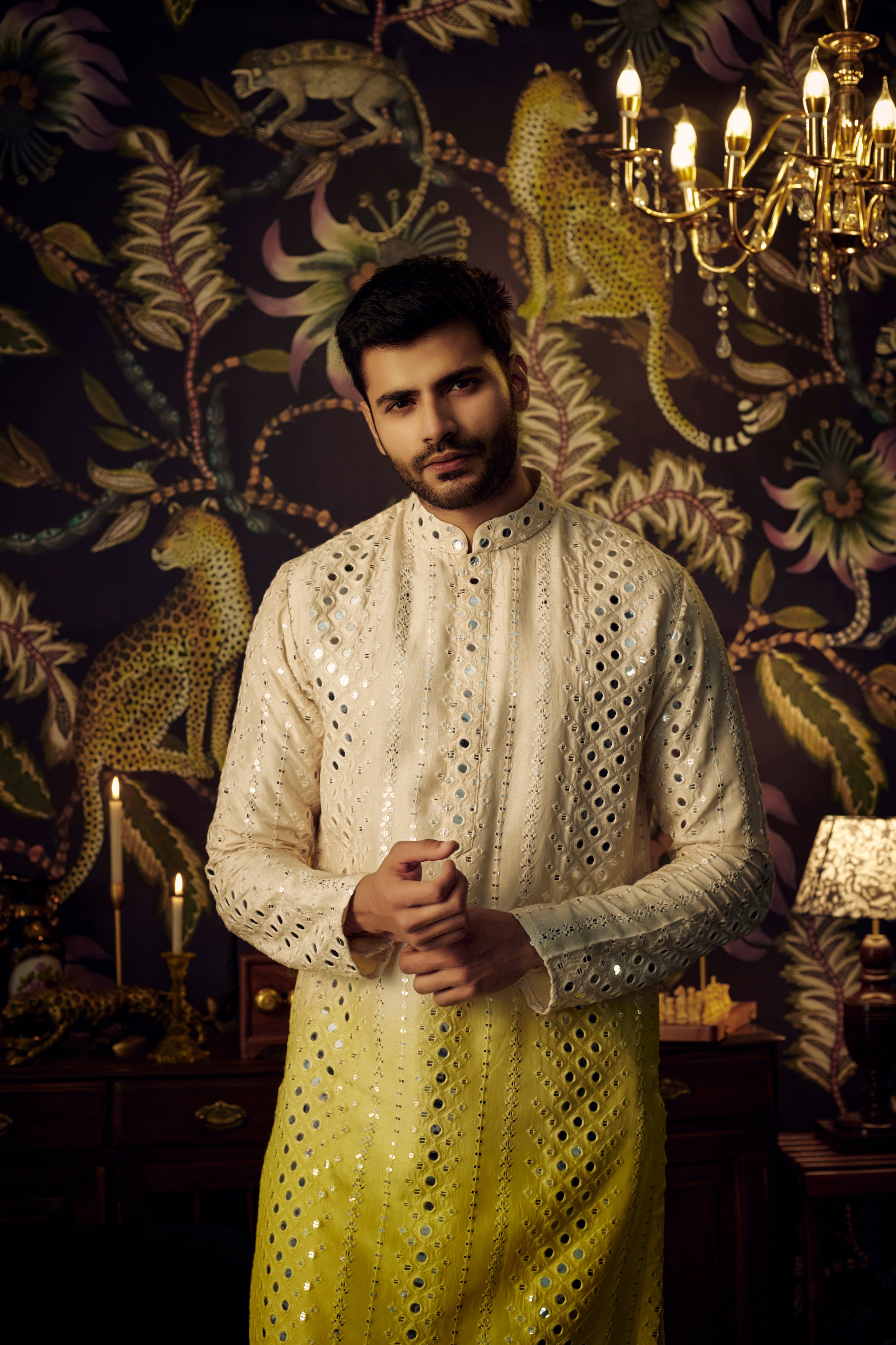 Cream-yellow Ombre Mirror-work Kurta - kasbahmen
