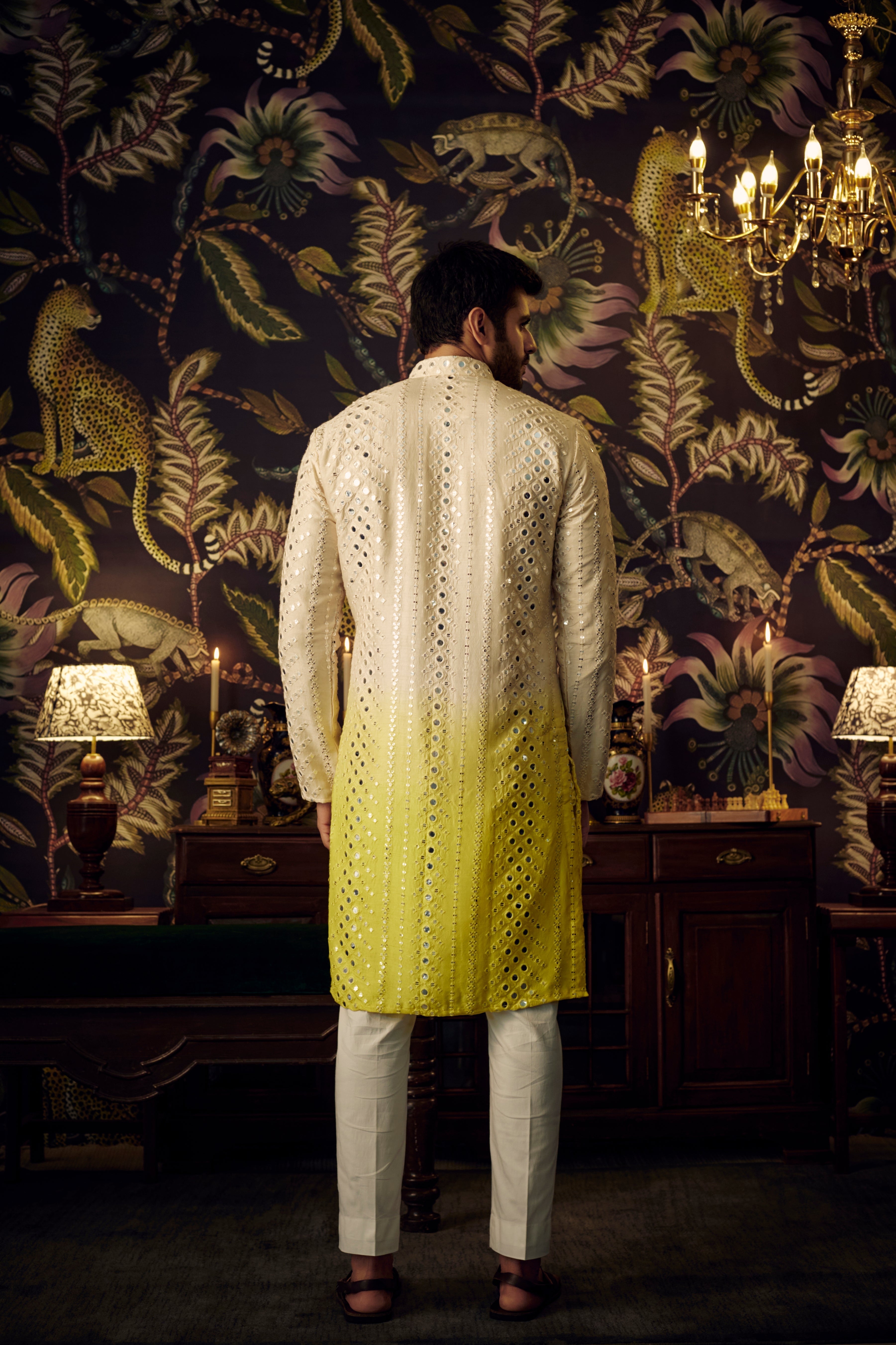 Cream-yellow Ombre Mirror-work Kurta - kasbahmen