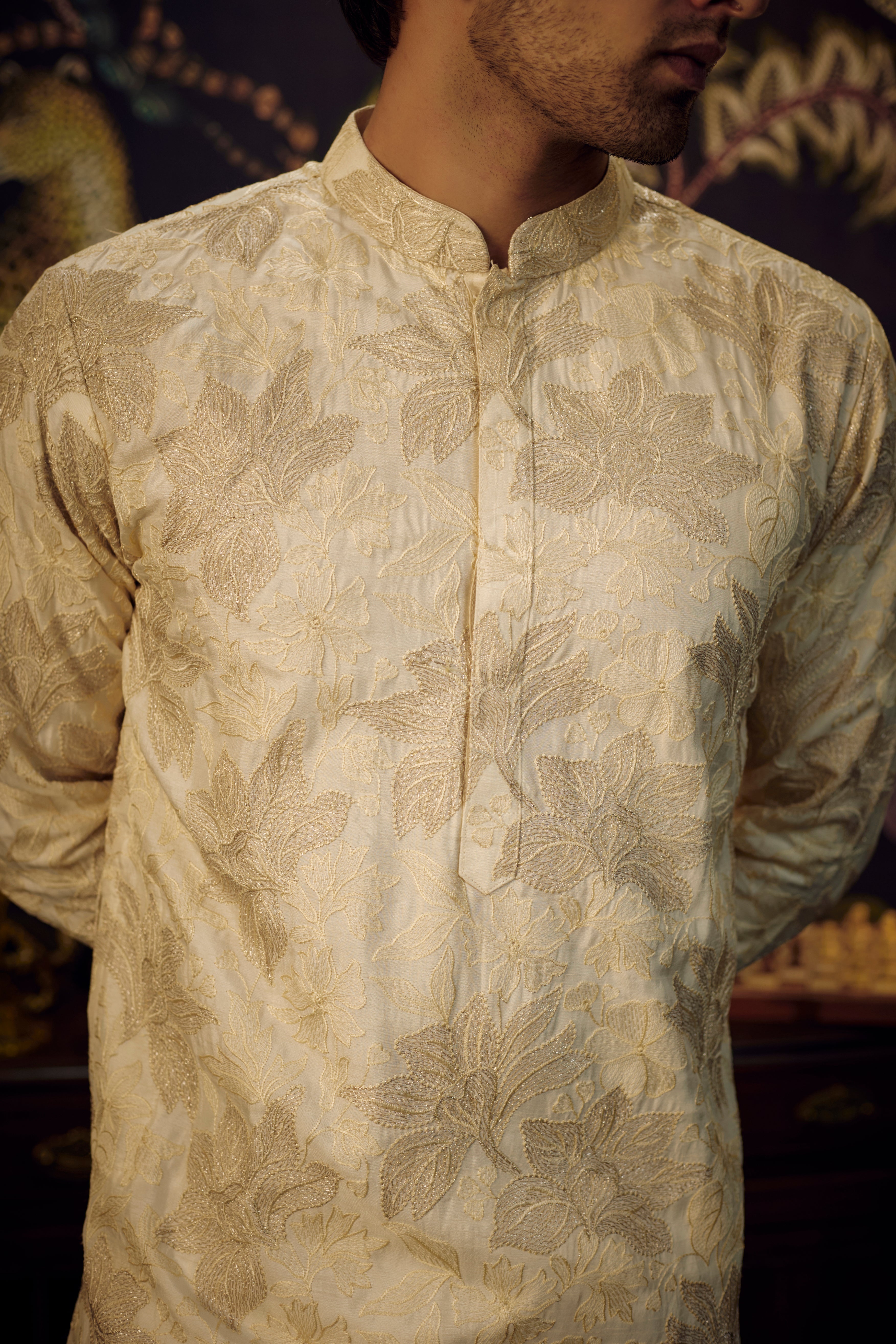 Classic cream and gold floral kurta - kasbahmen