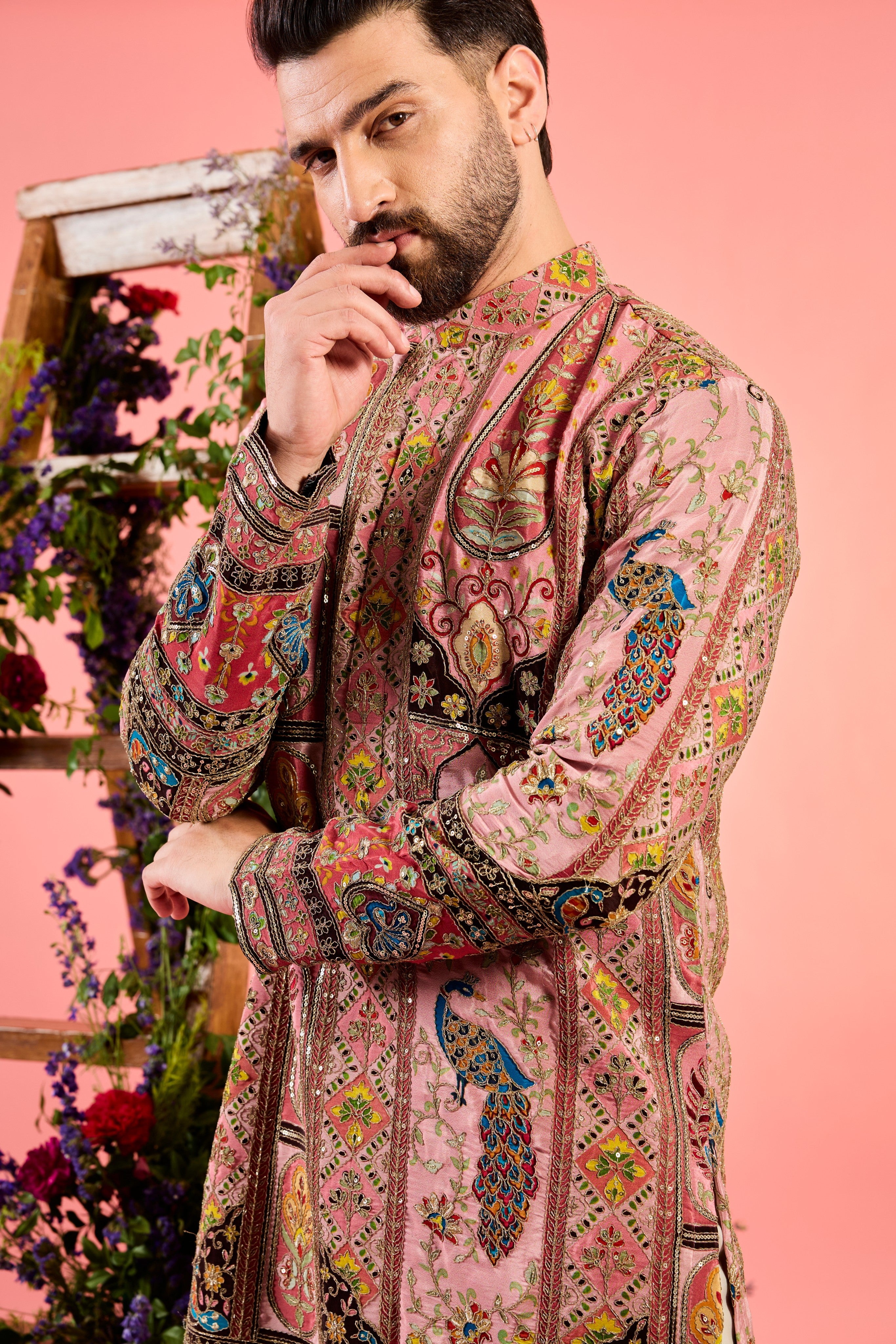 pink chikankari kurta with intricate zari detailing