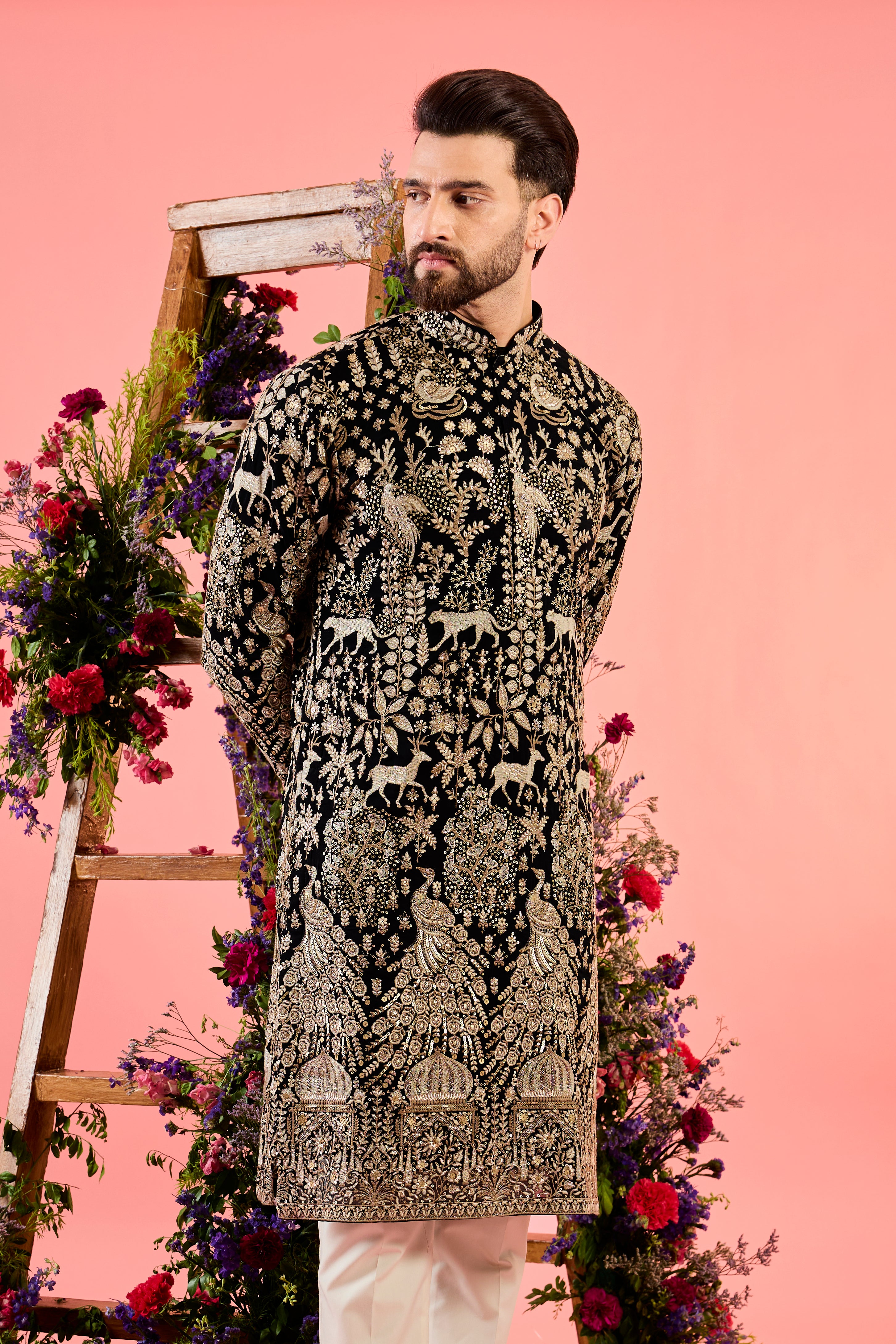 The royal heritage - midnight black kurta with sequin - flora and fauna figures