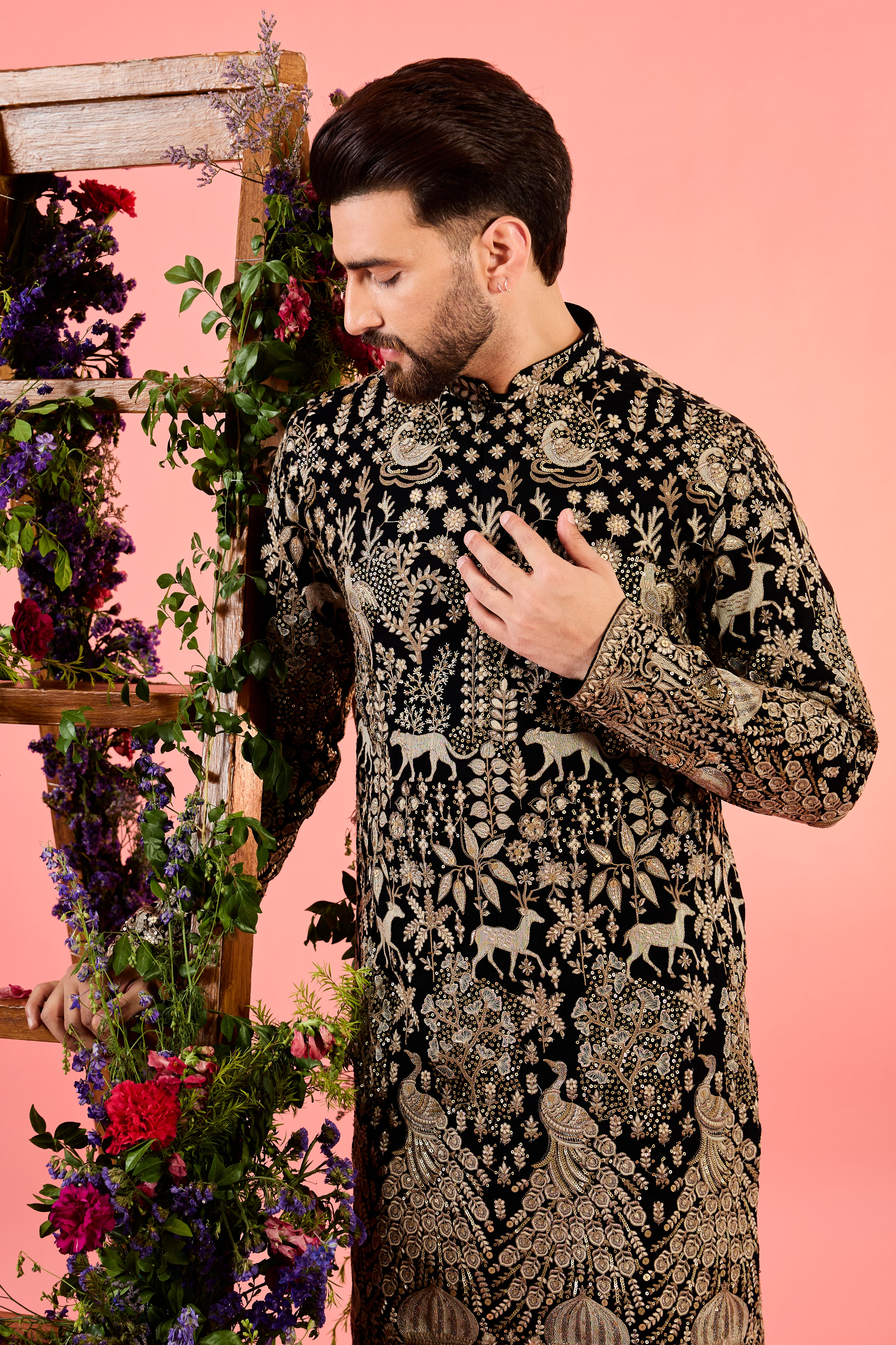 The royal heritage - midnight black kurta with sequin - flora and fauna figures