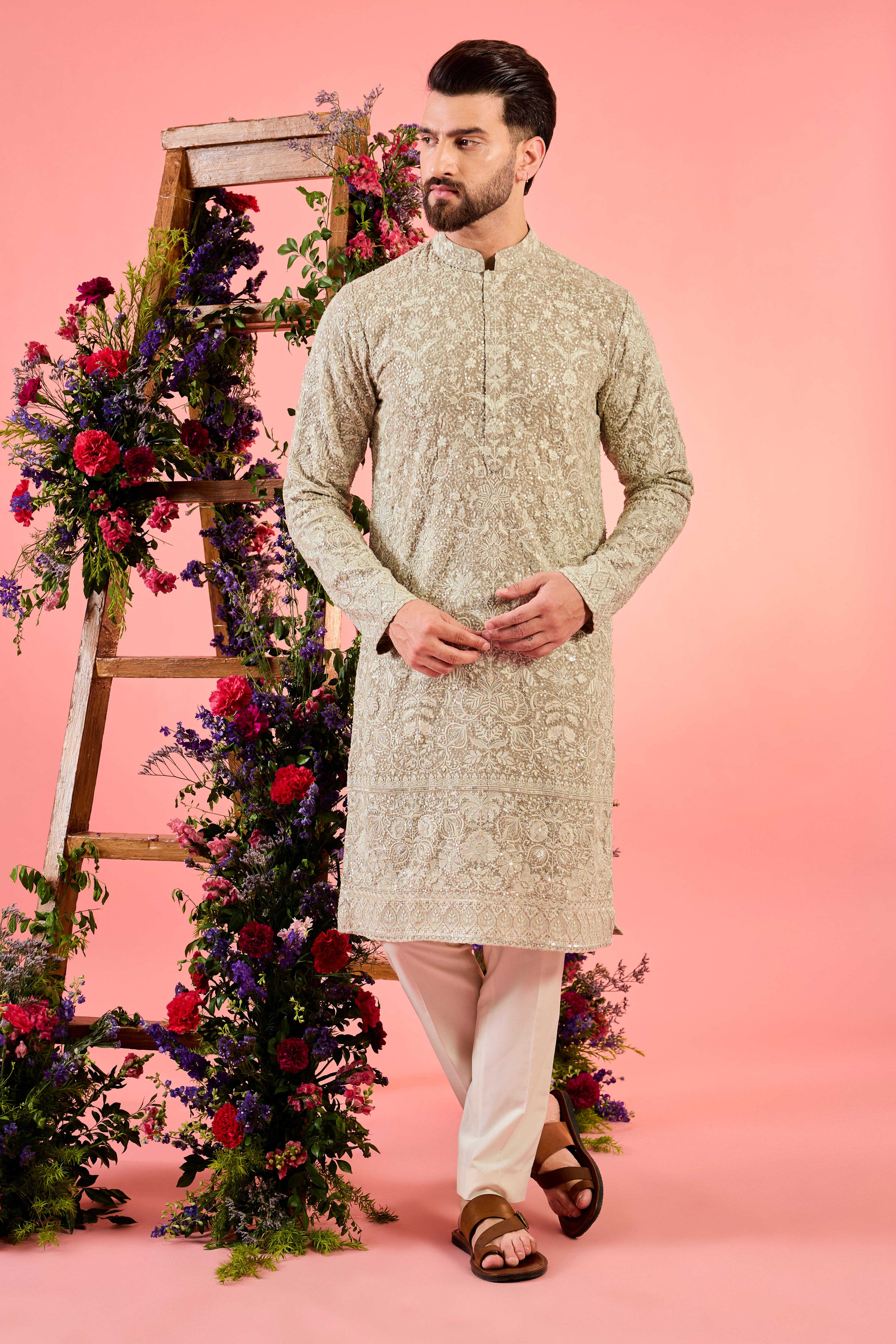 mouse chikankari kurta with sequin and threadwork interplay