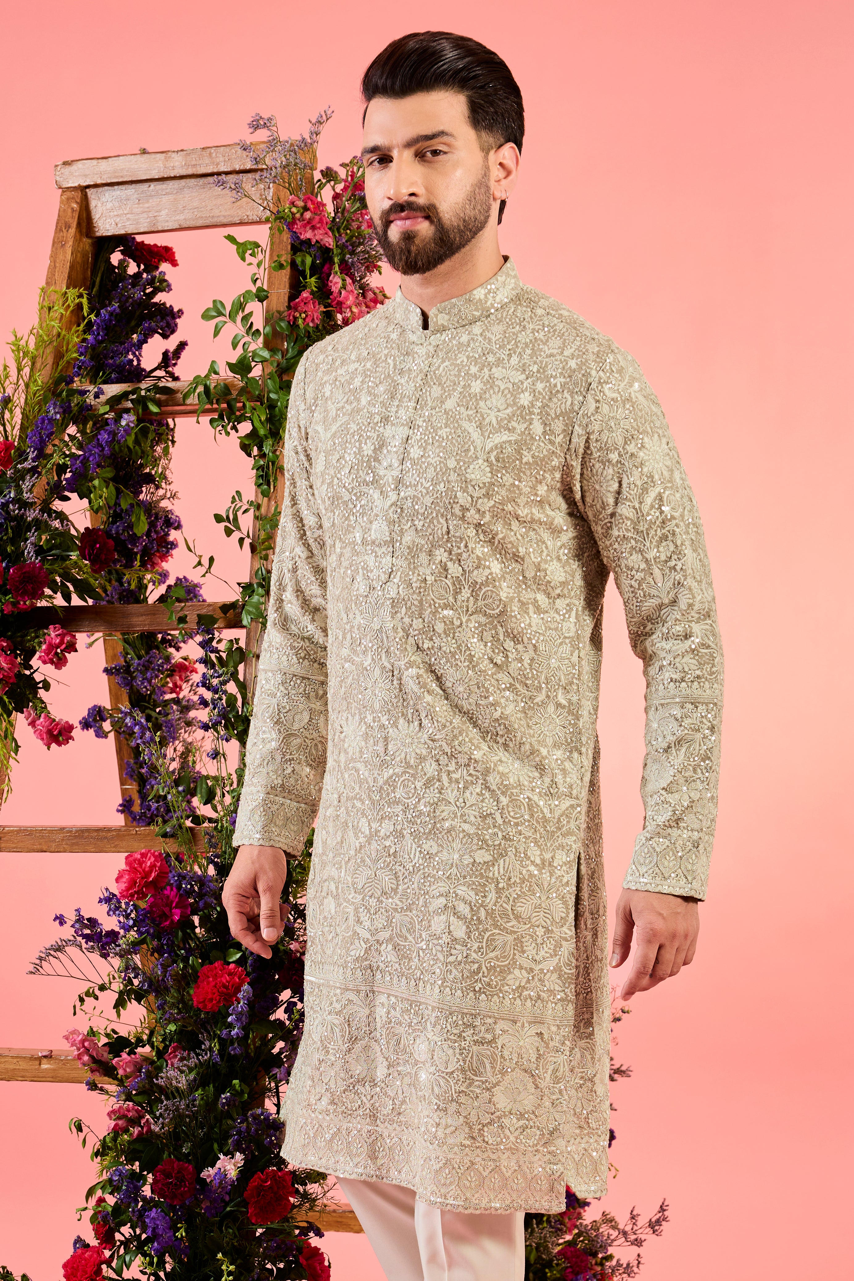 mouse chikankari kurta with sequin and threadwork interplay