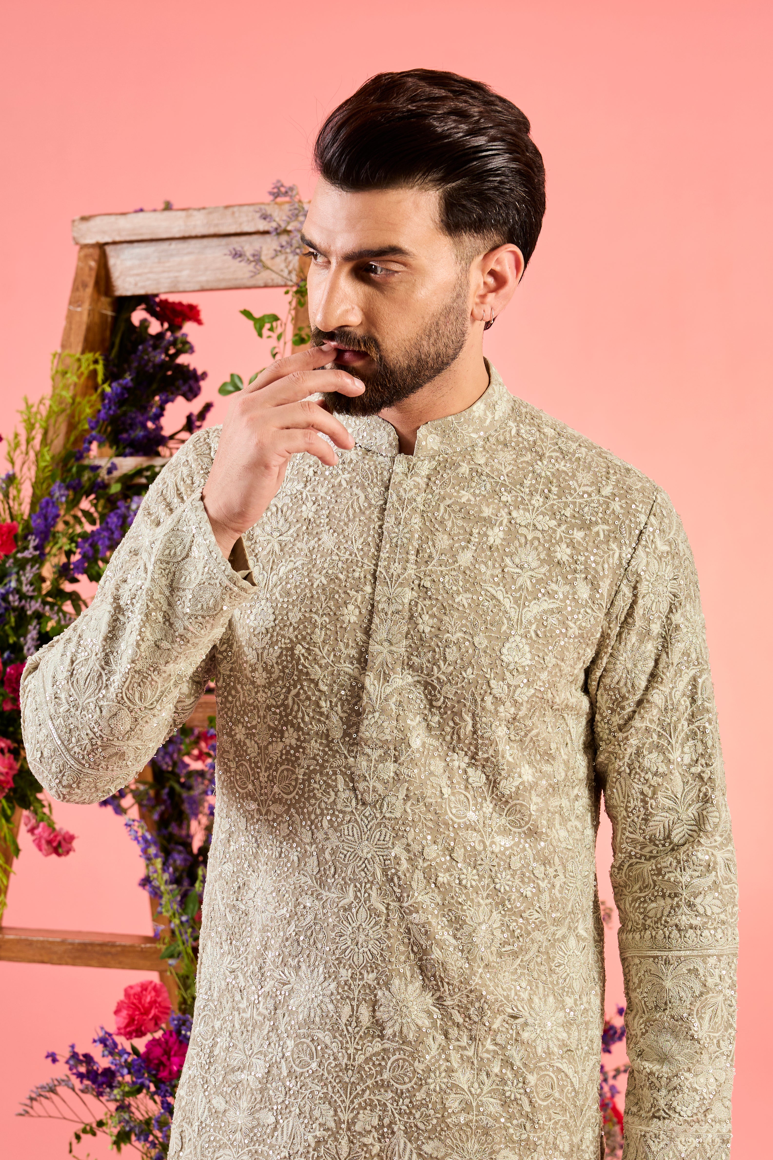 mouse chikankari kurta with sequin and threadwork interplay