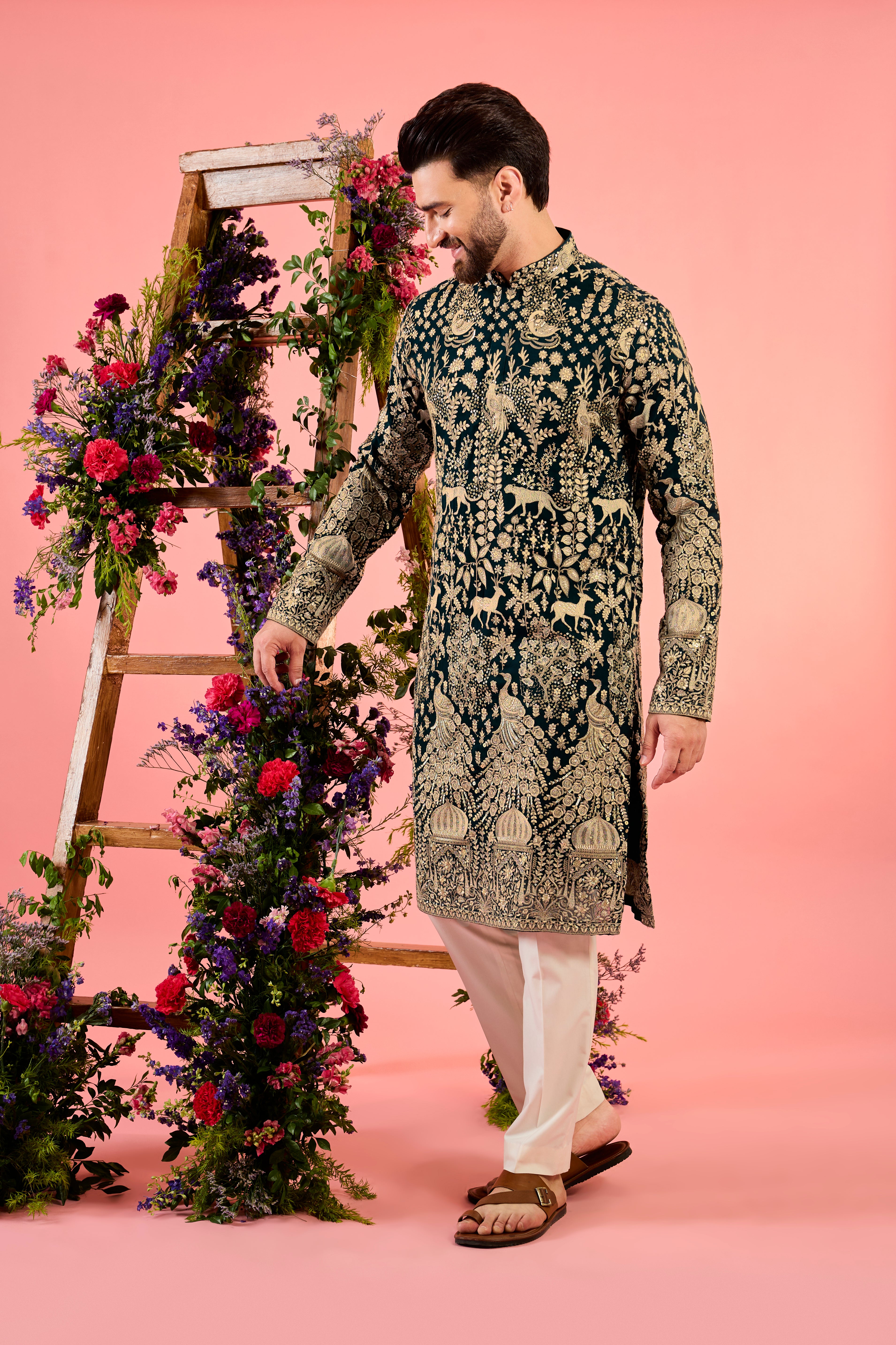 The royal heritage - midnight teal kurta with sequin - flora and fauna figures