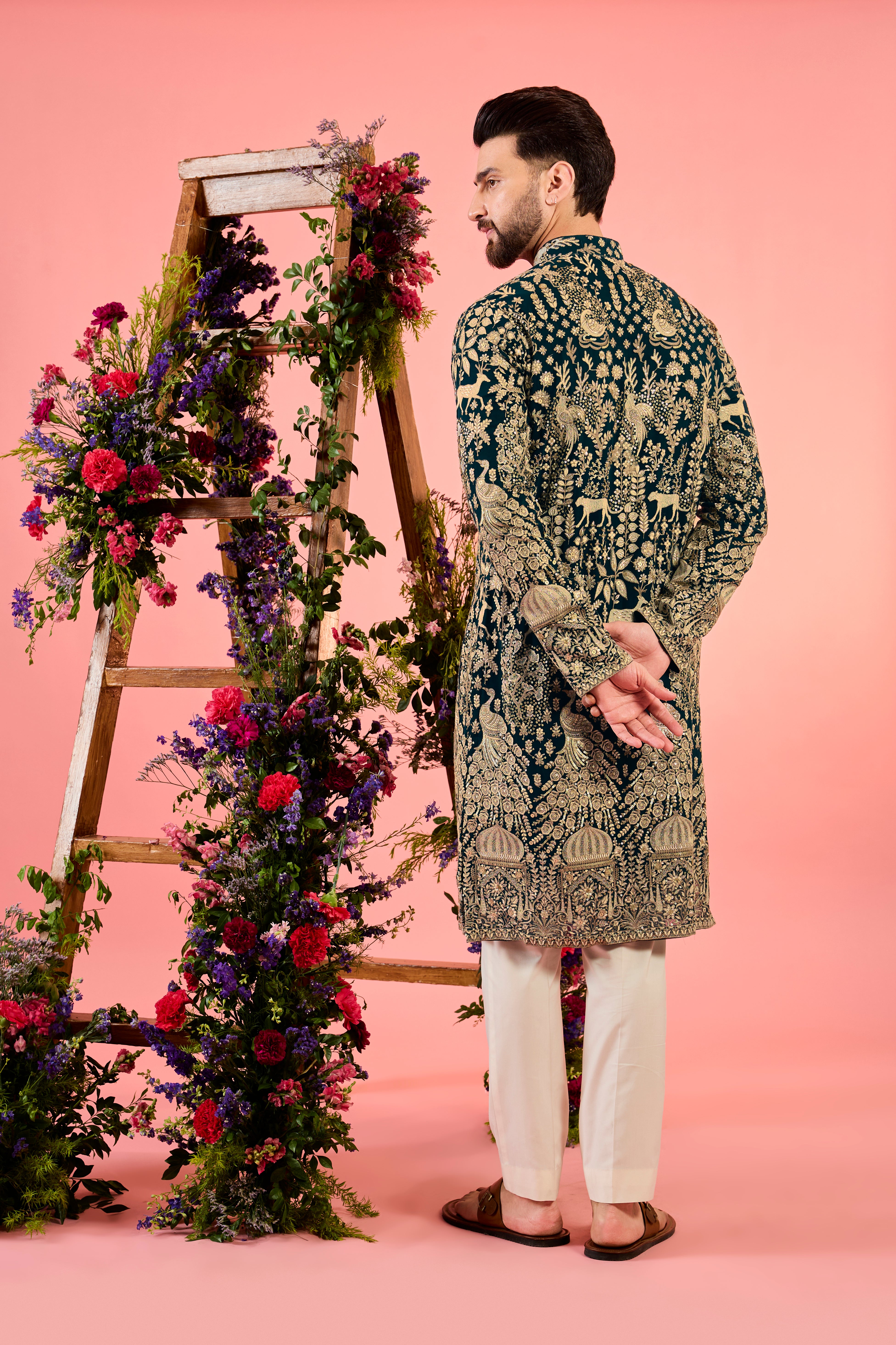 The royal heritage - midnight teal kurta with sequin - flora and fauna figures