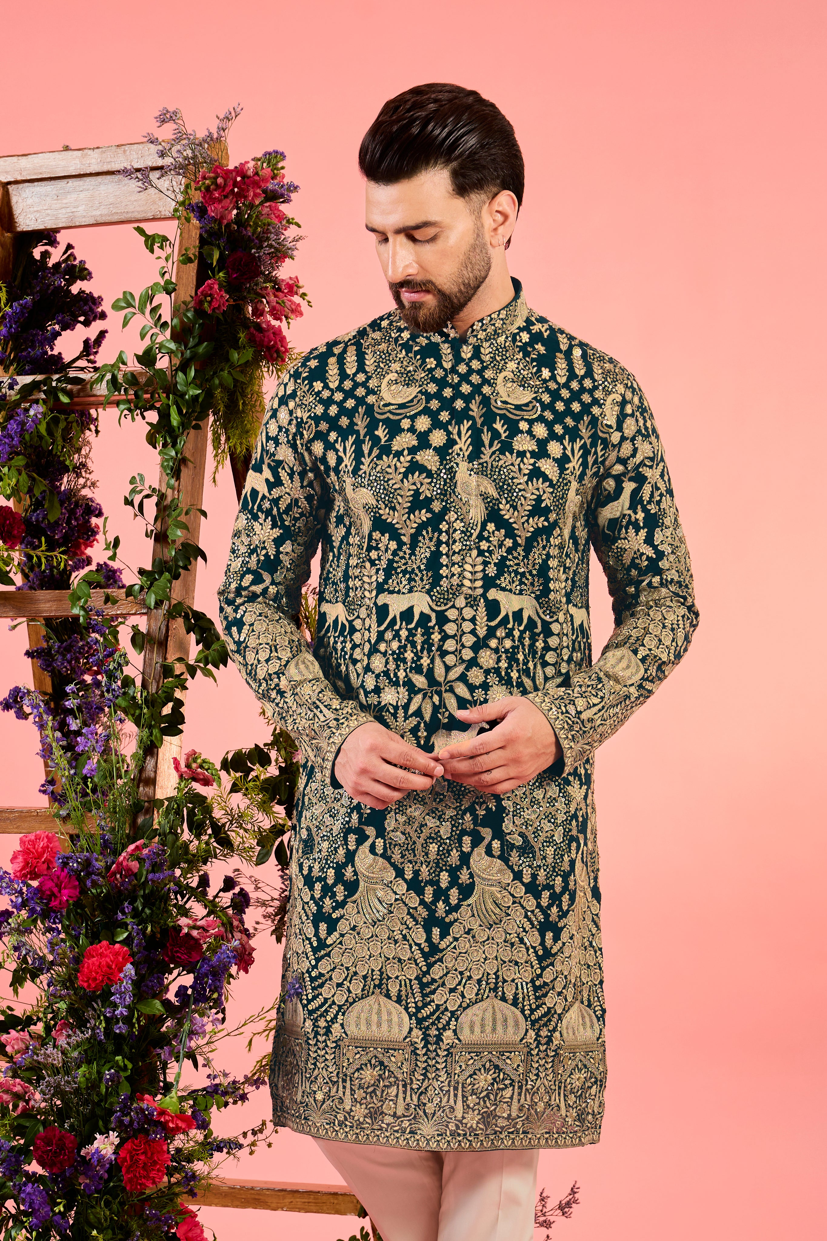 The royal heritage - midnight teal kurta with sequin - flora and fauna figures