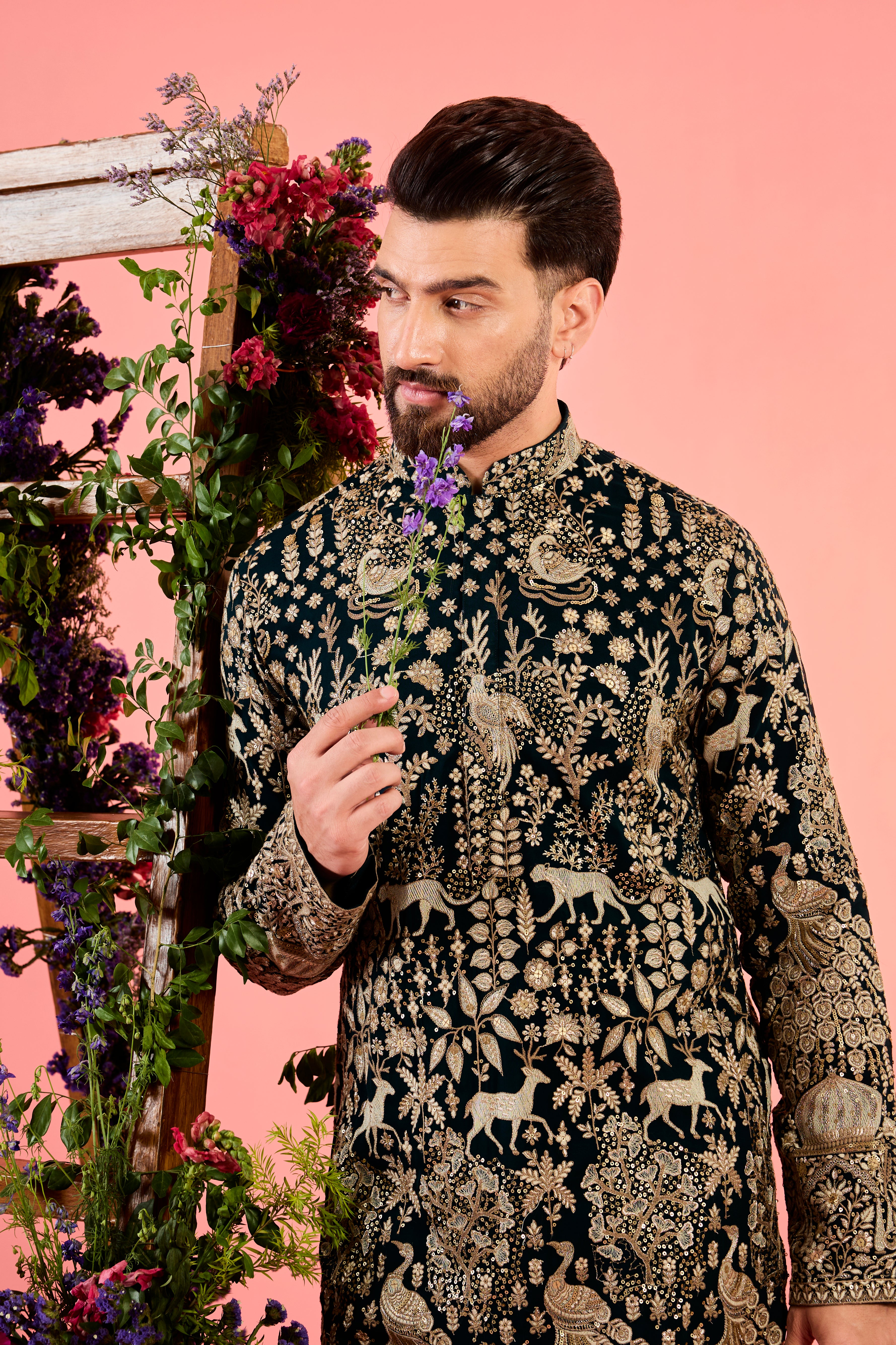 The royal heritage - midnight teal kurta with sequin - flora and fauna figures