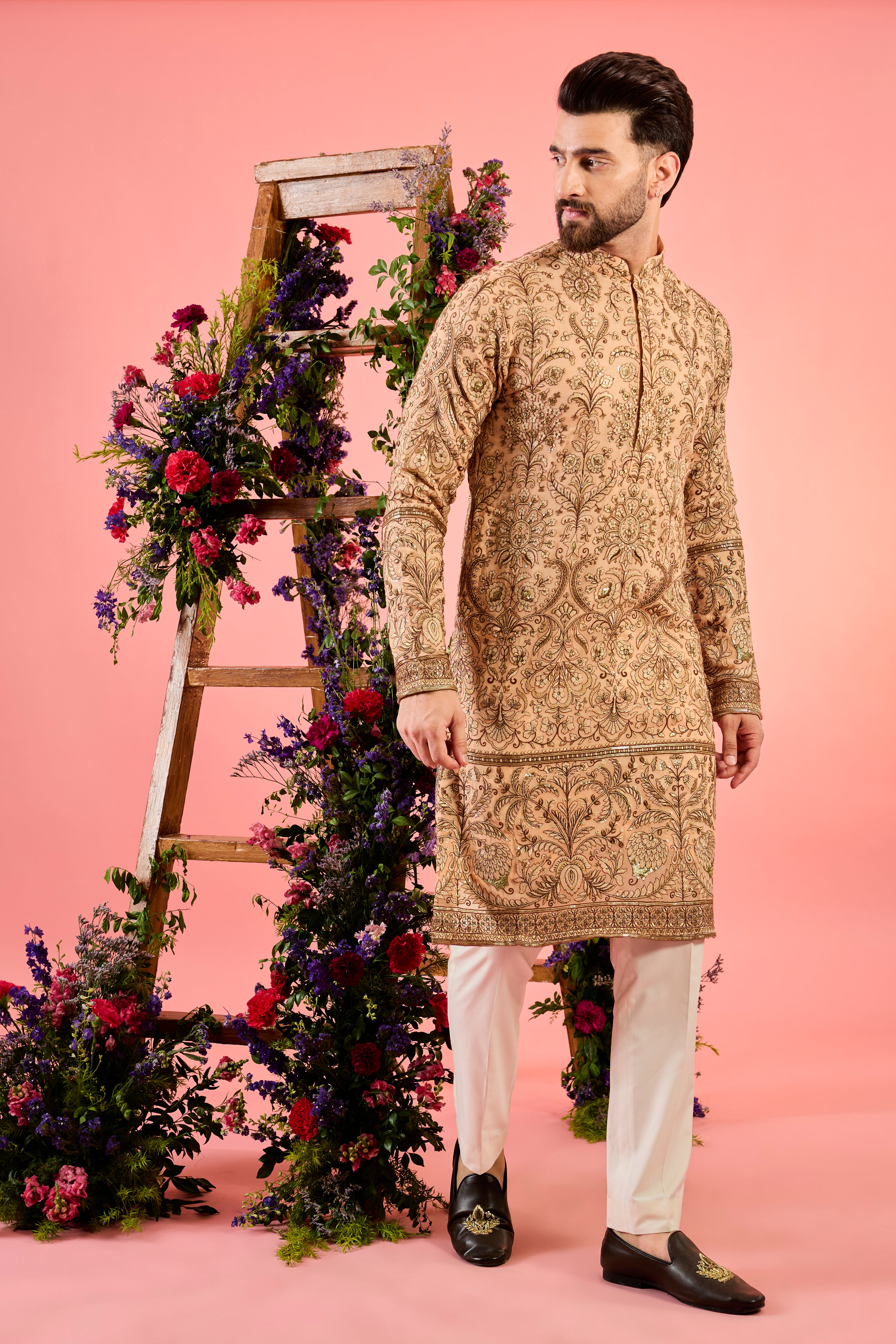peach chinkari kurta with intricate floral zari embroidery