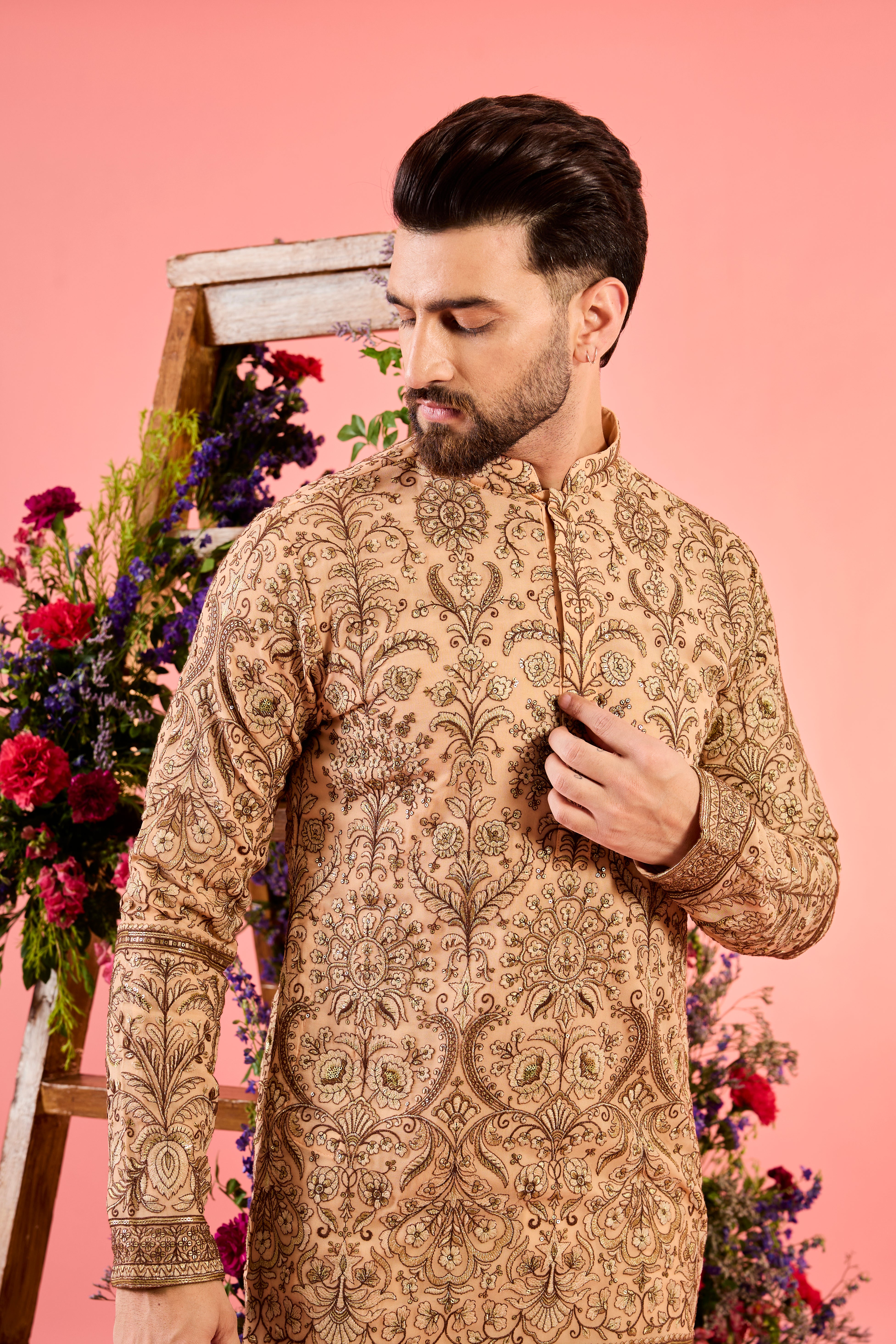 peach chinkari kurta with intricate floral zari embroidery