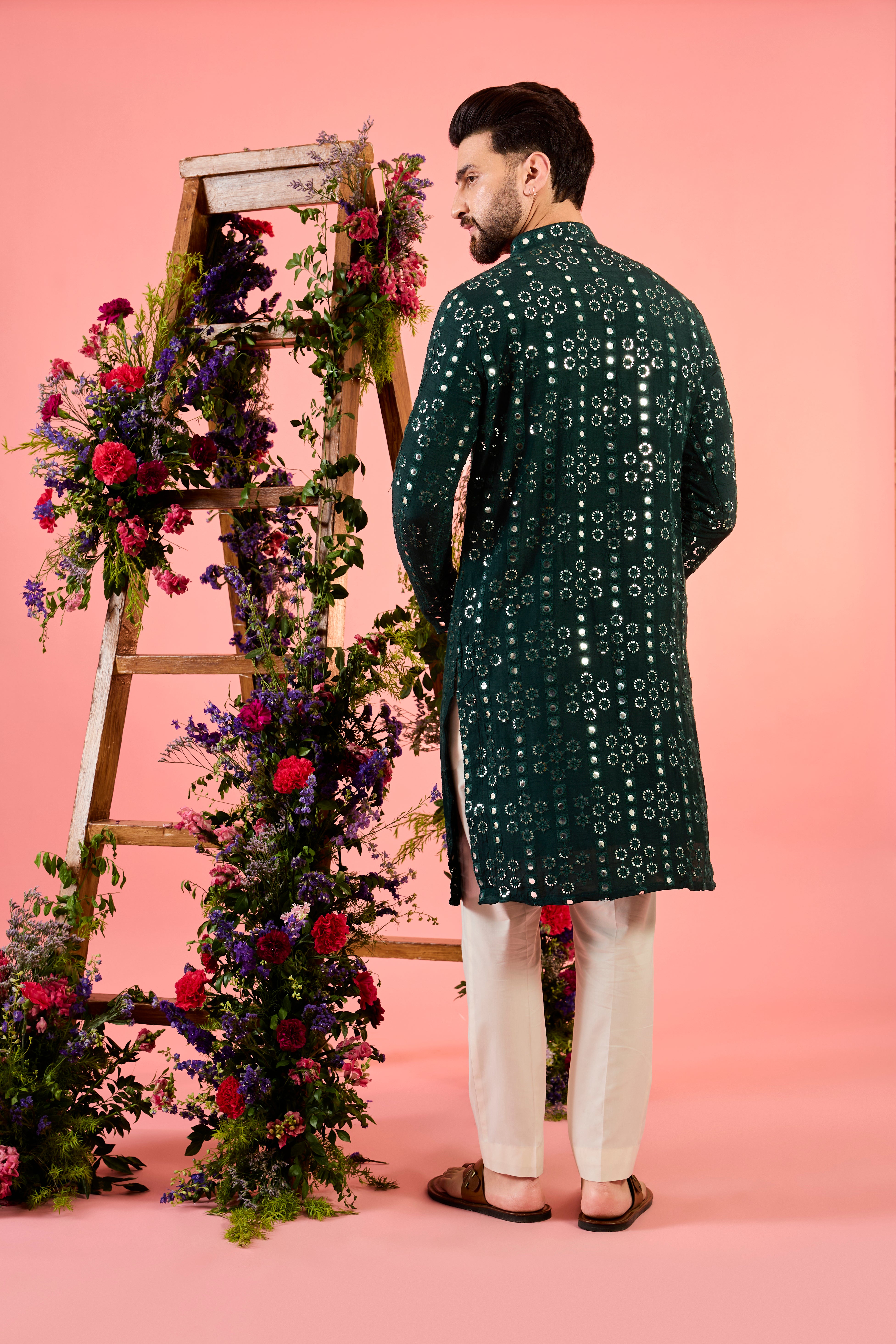 classic bottle green mirror work kurta