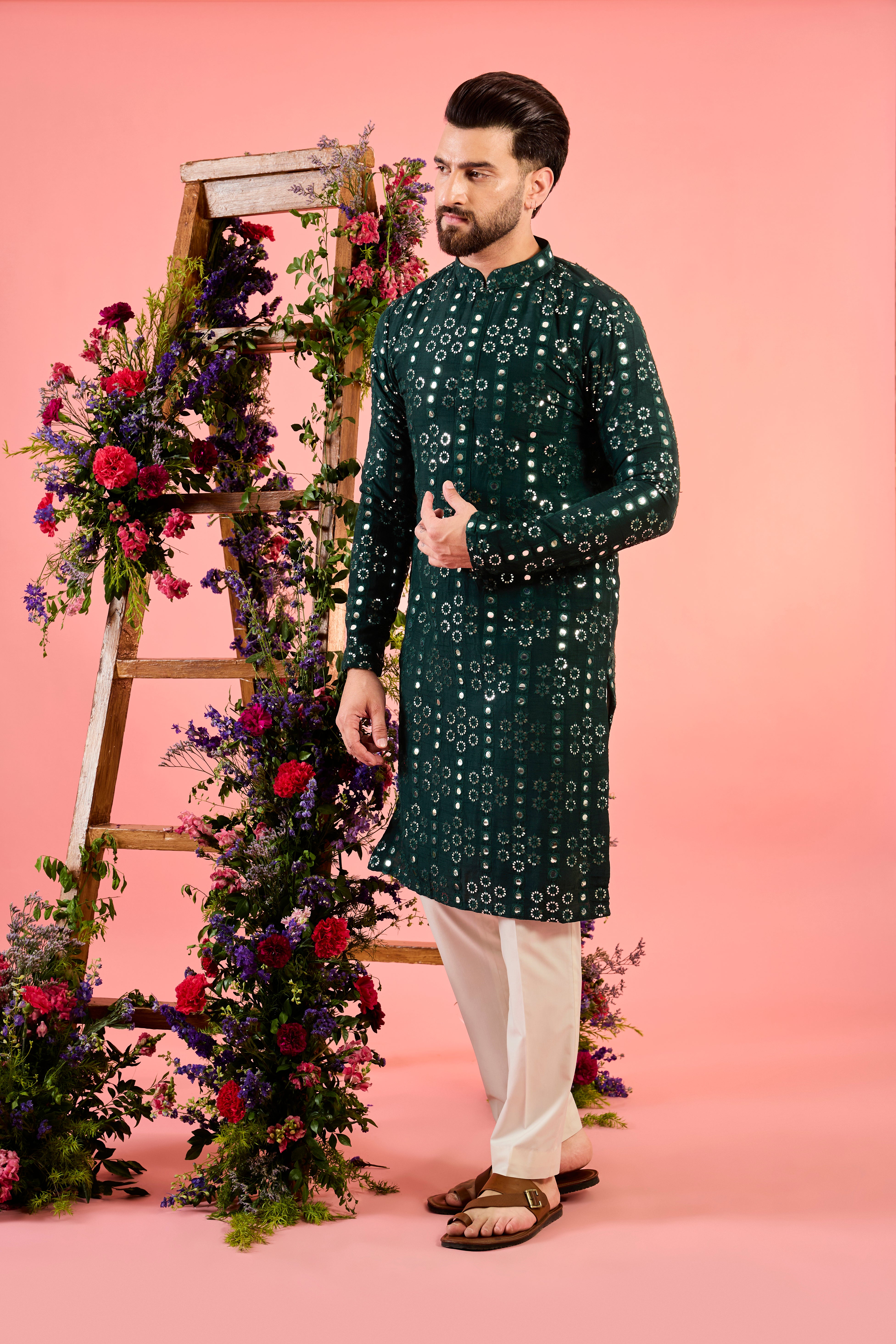 classic bottle green mirror work kurta