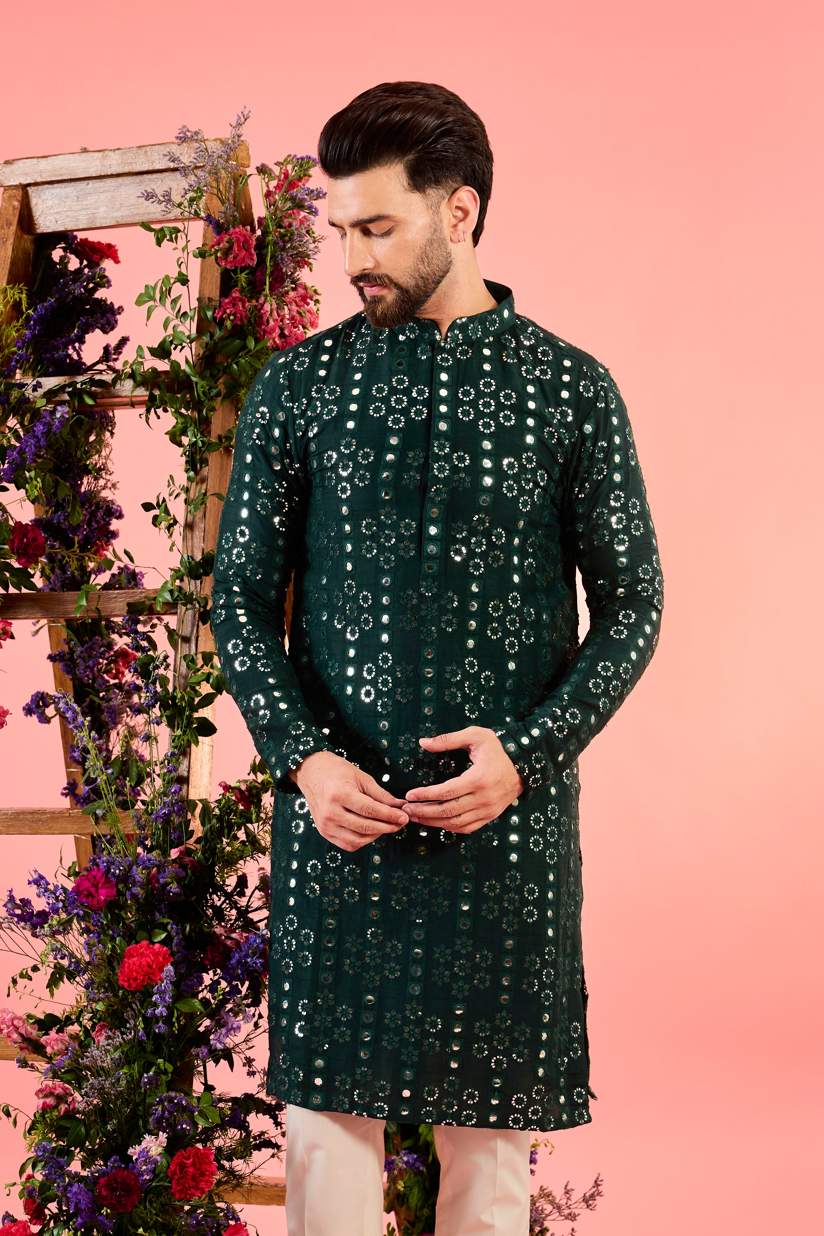 classic bottle green mirror work kurta