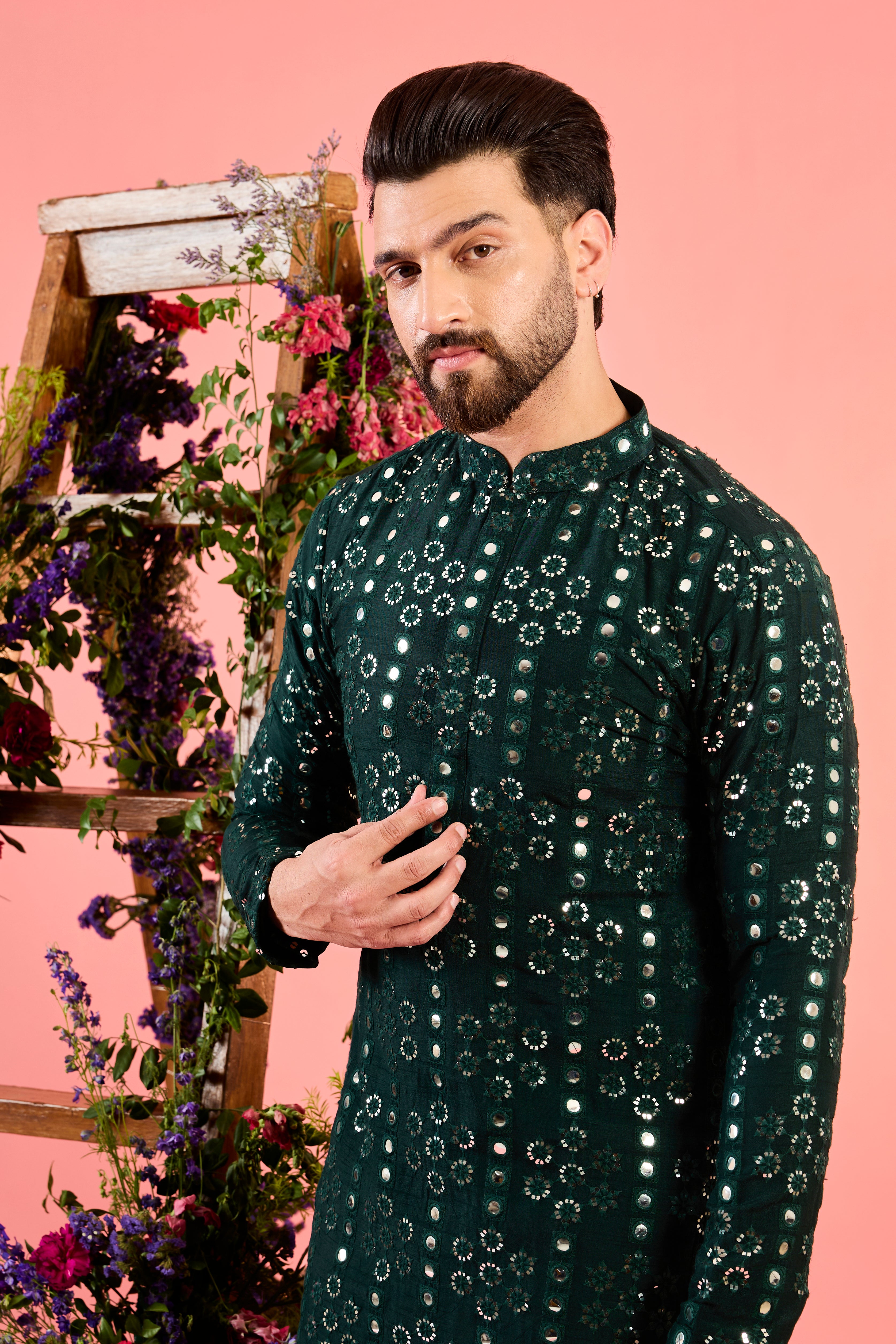 classic bottle green mirror work kurta