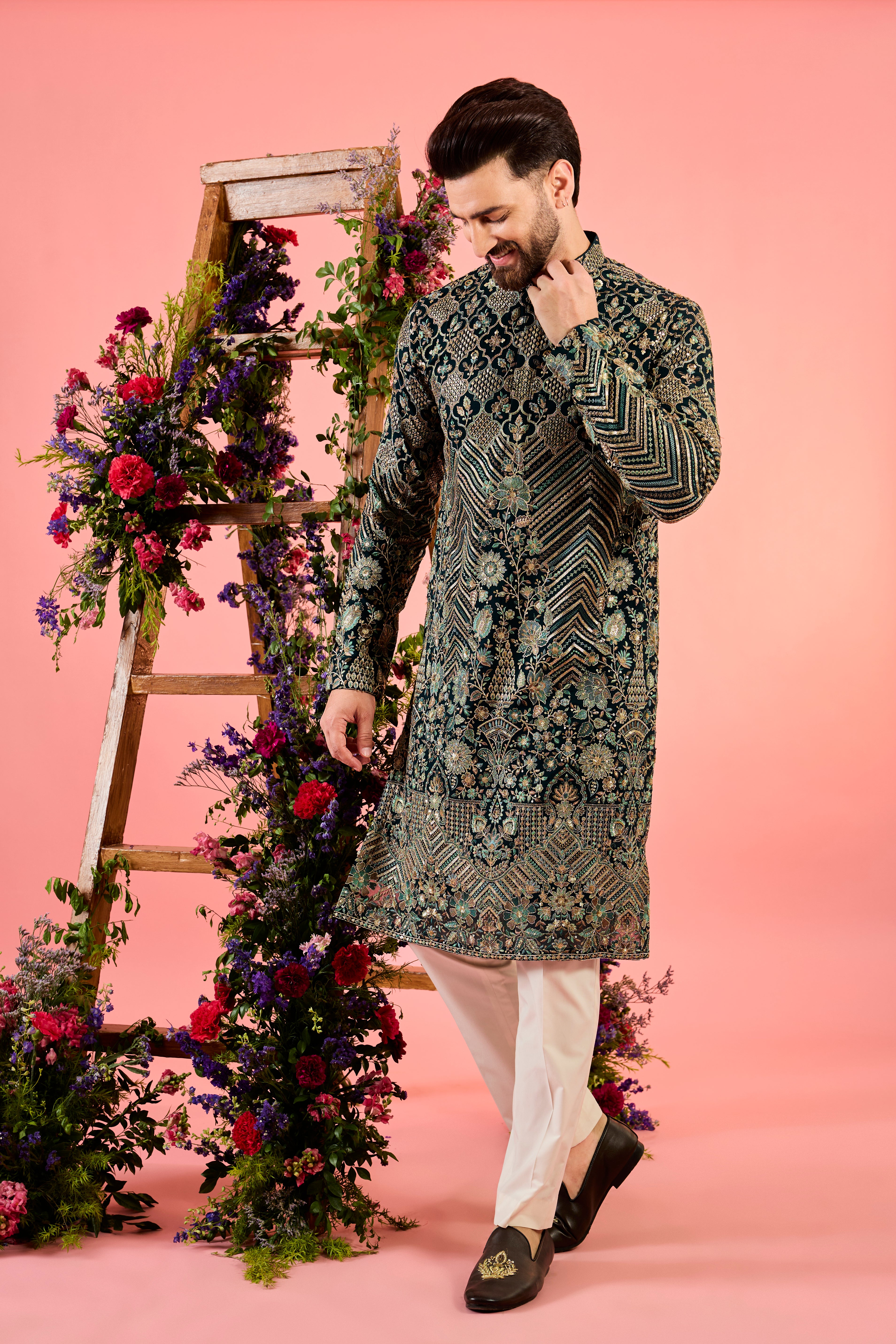 The royal heritage - midnight teal kurta with sequin and detailed abstract floral embroidery