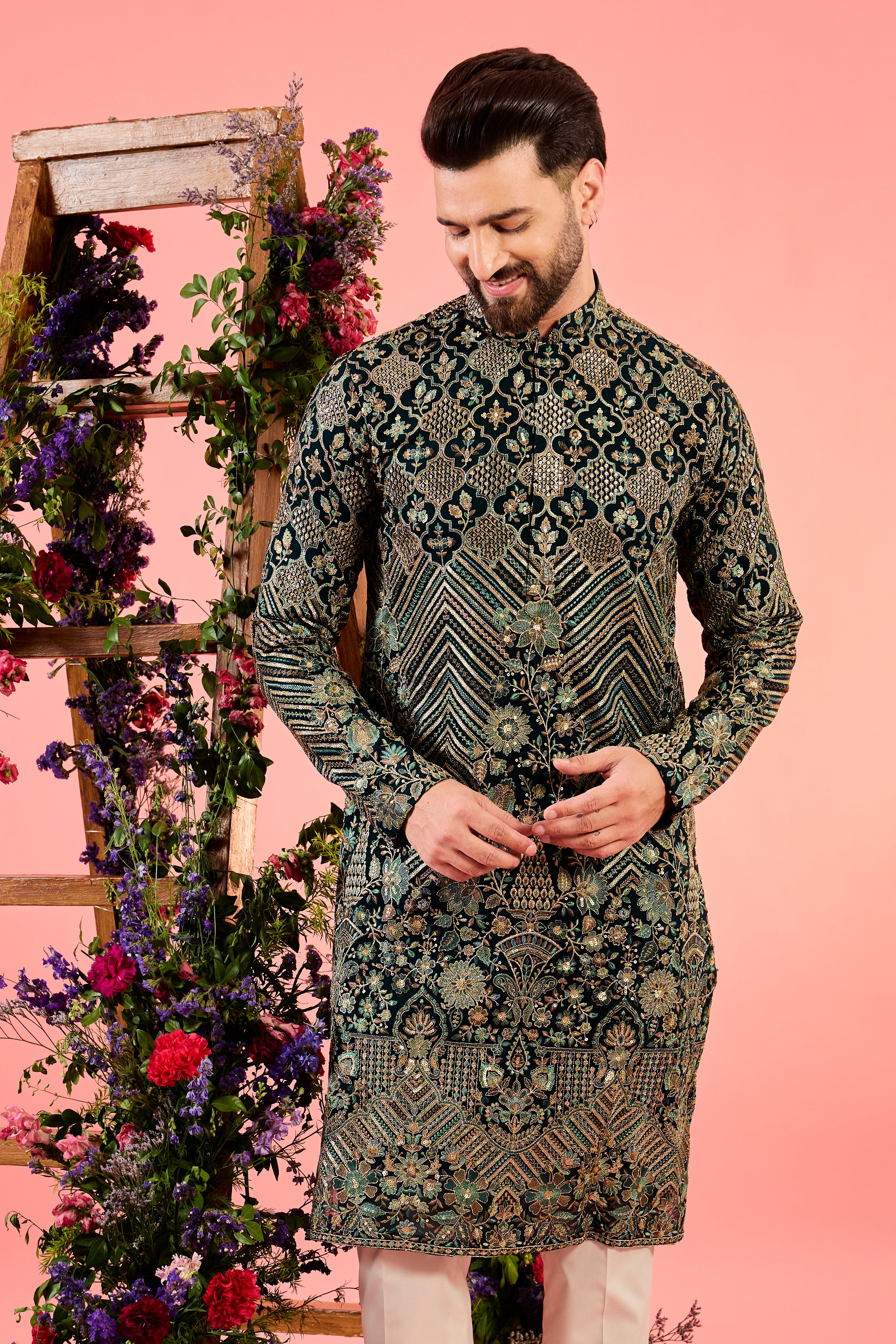 The royal heritage - midnight teal kurta with sequin and detailed abstract floral embroidery