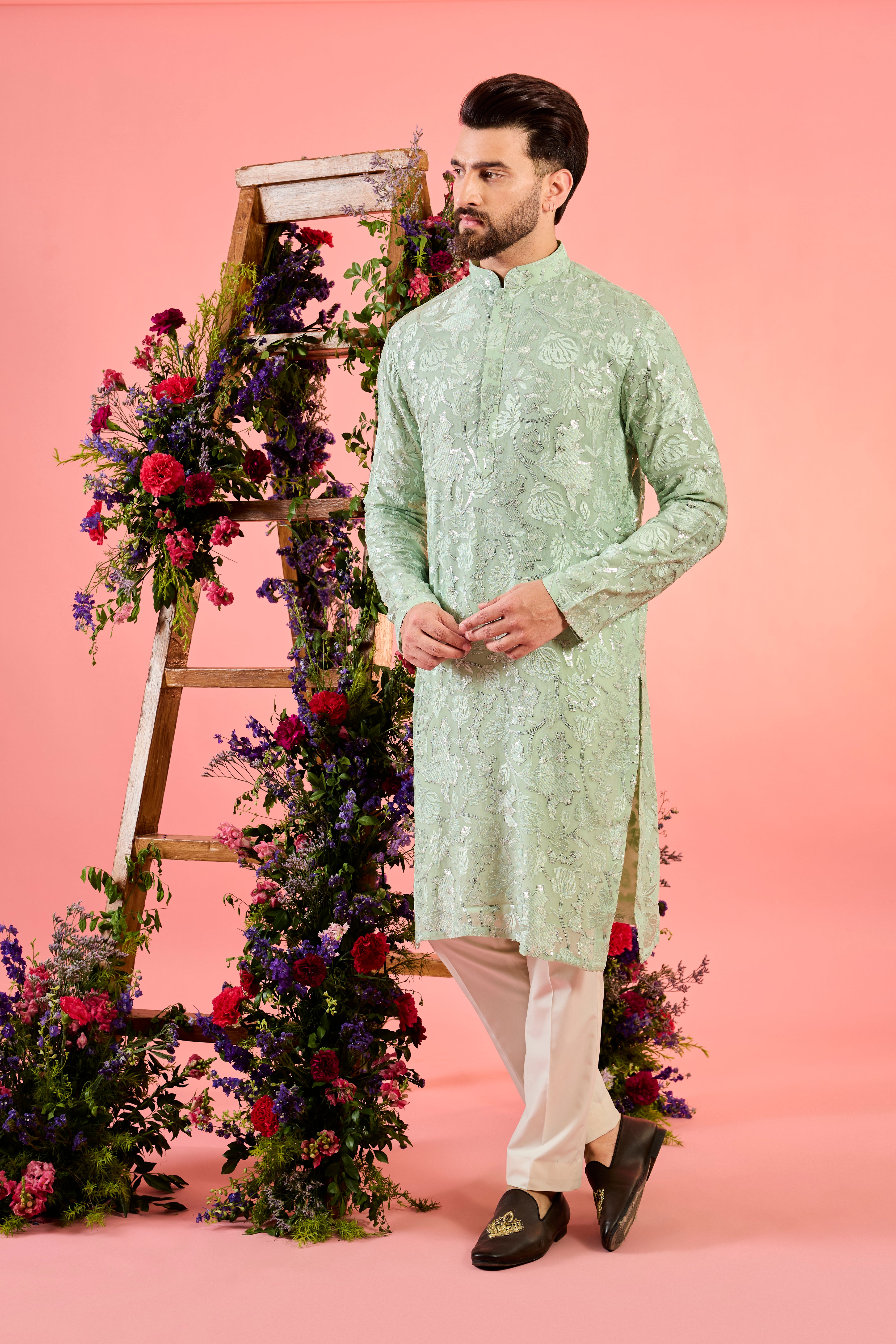 sea green floral chikankari kurta