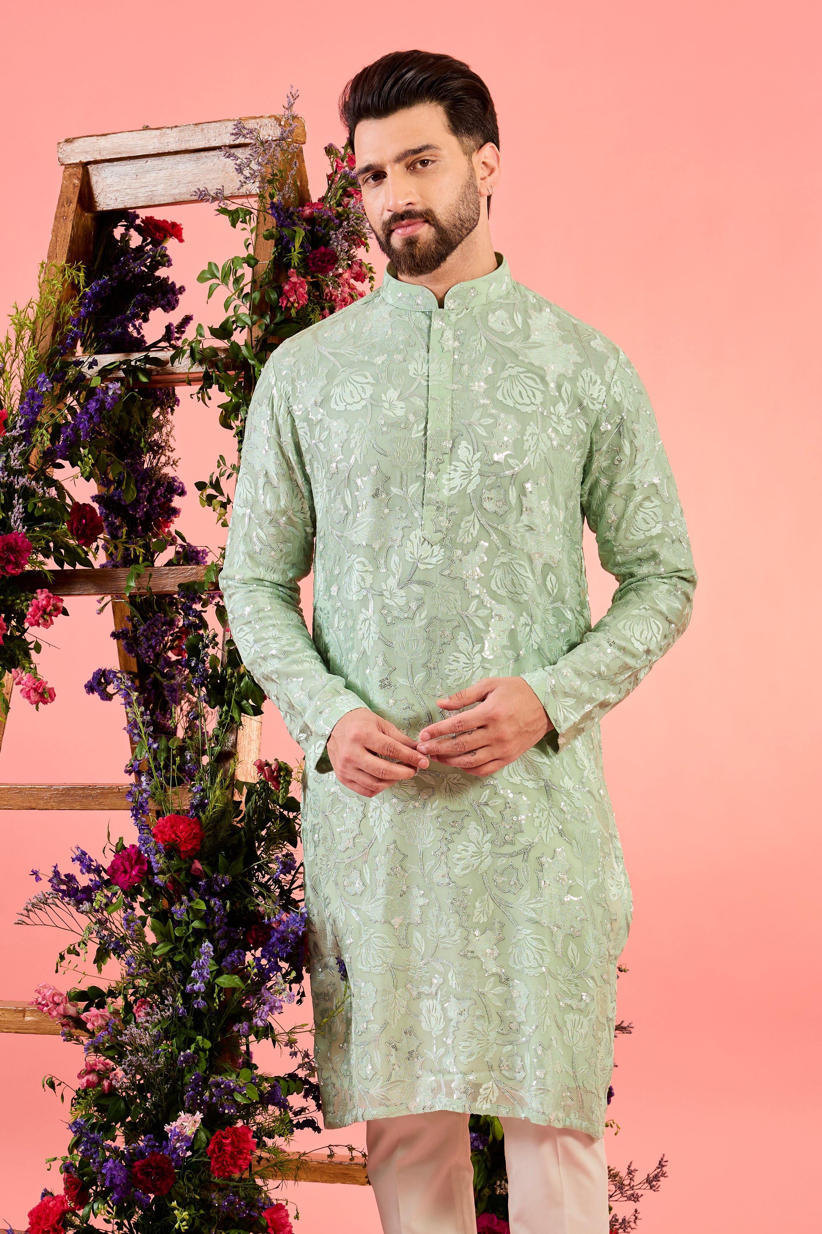 sea green floral chikankari kurta