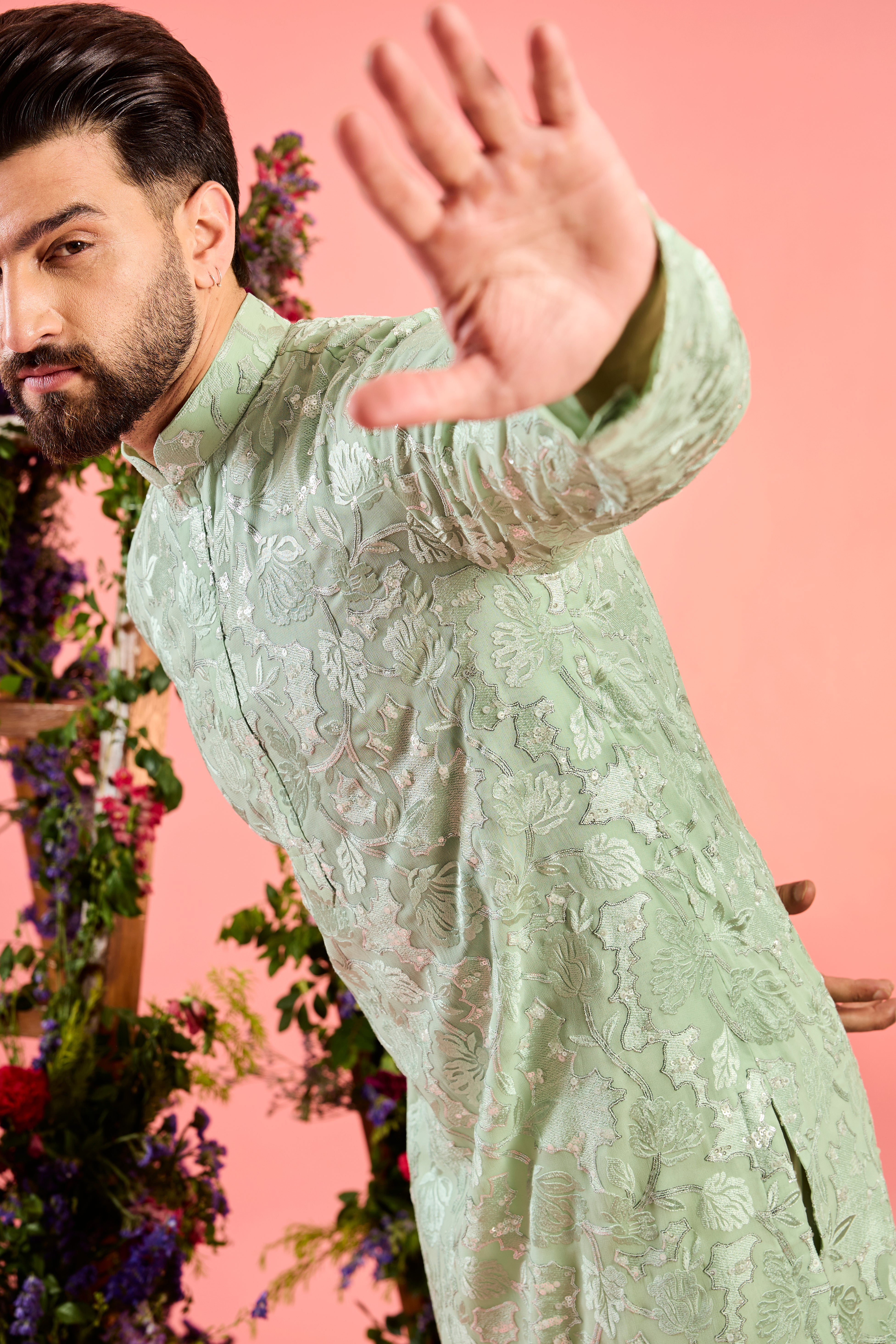 sea green floral chikankari kurta