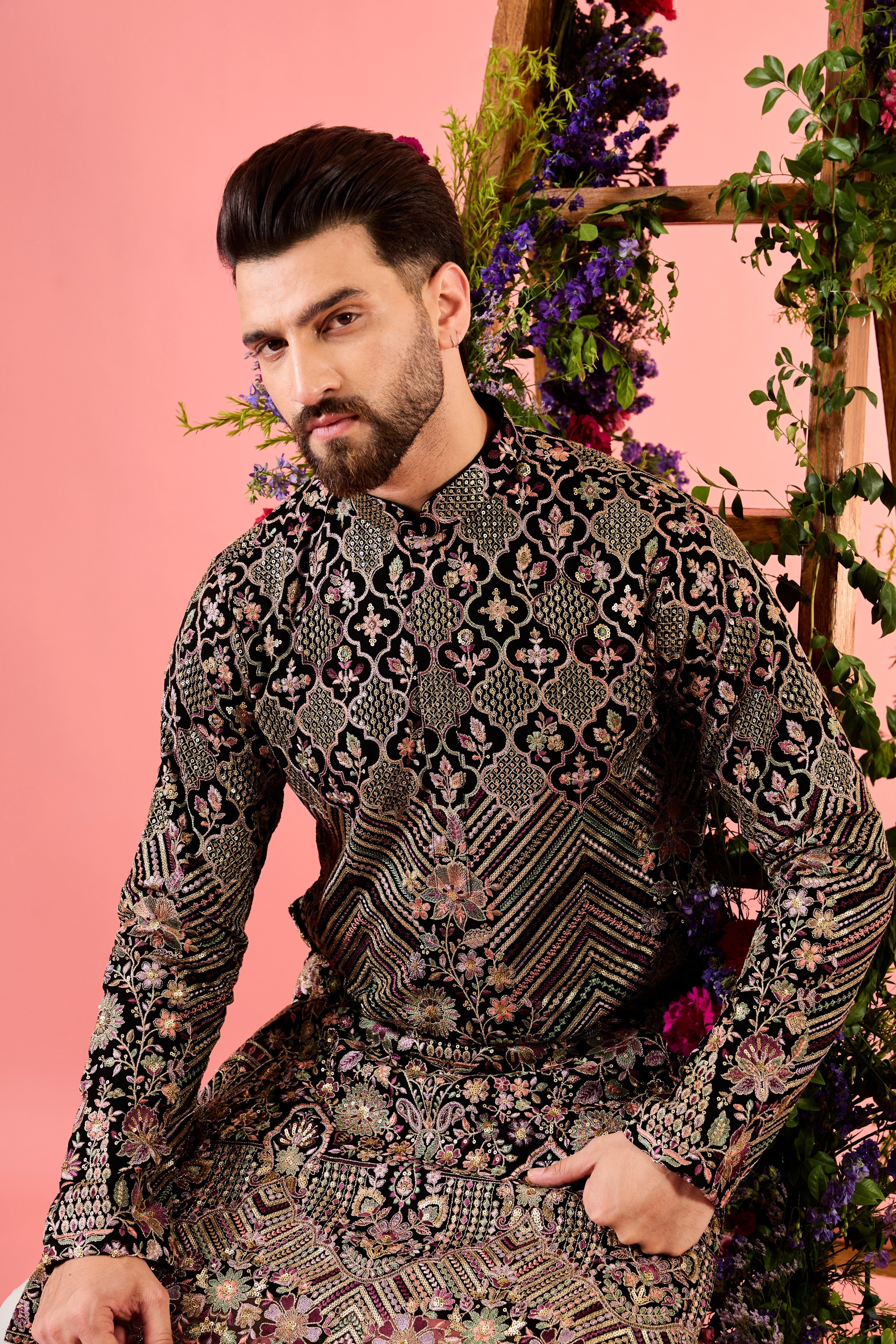 The royal heritage - midnight black kurta with sequin and detailed abstract floral embroidery