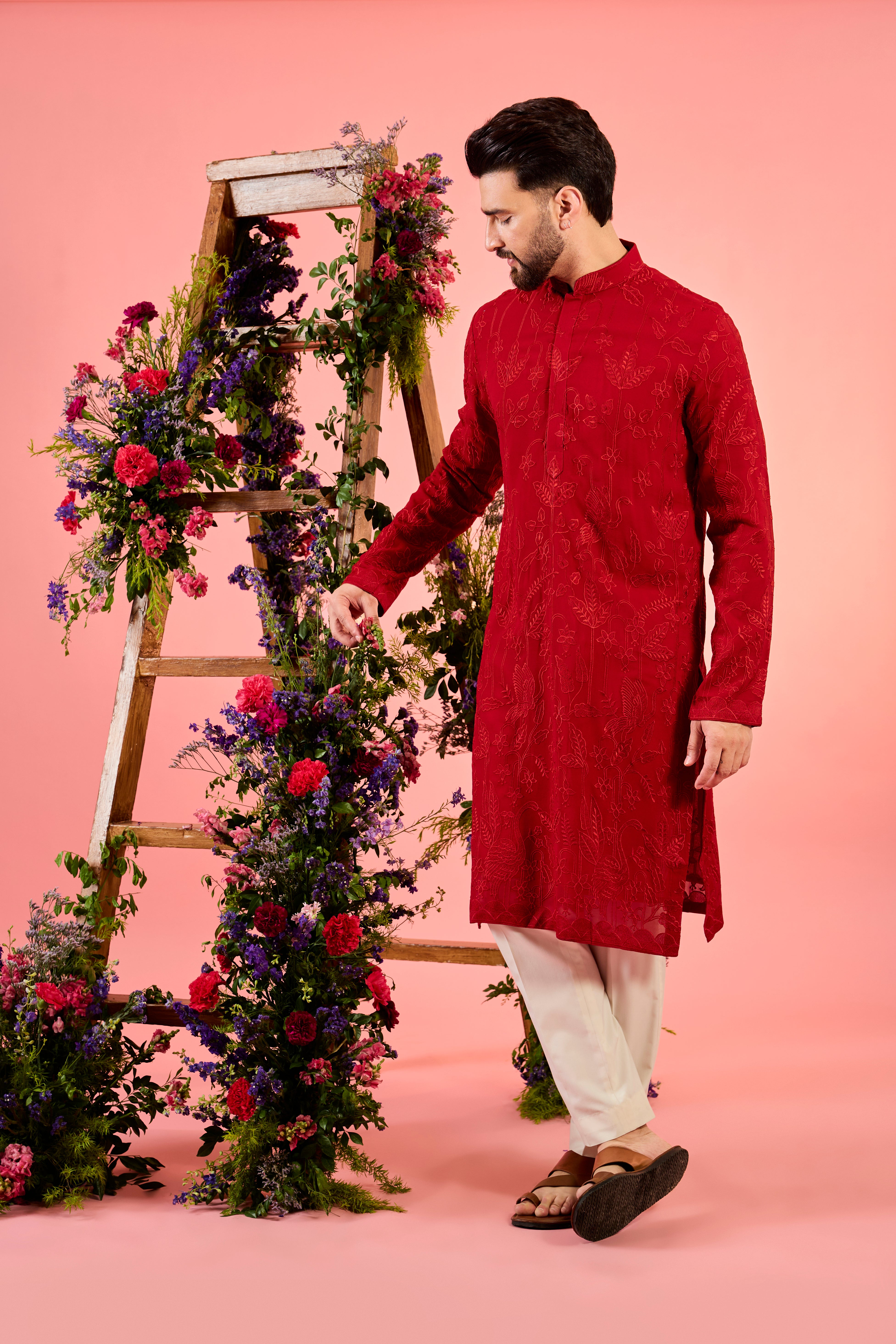 red chikankari kurta with delicate flora and fauna embroidery