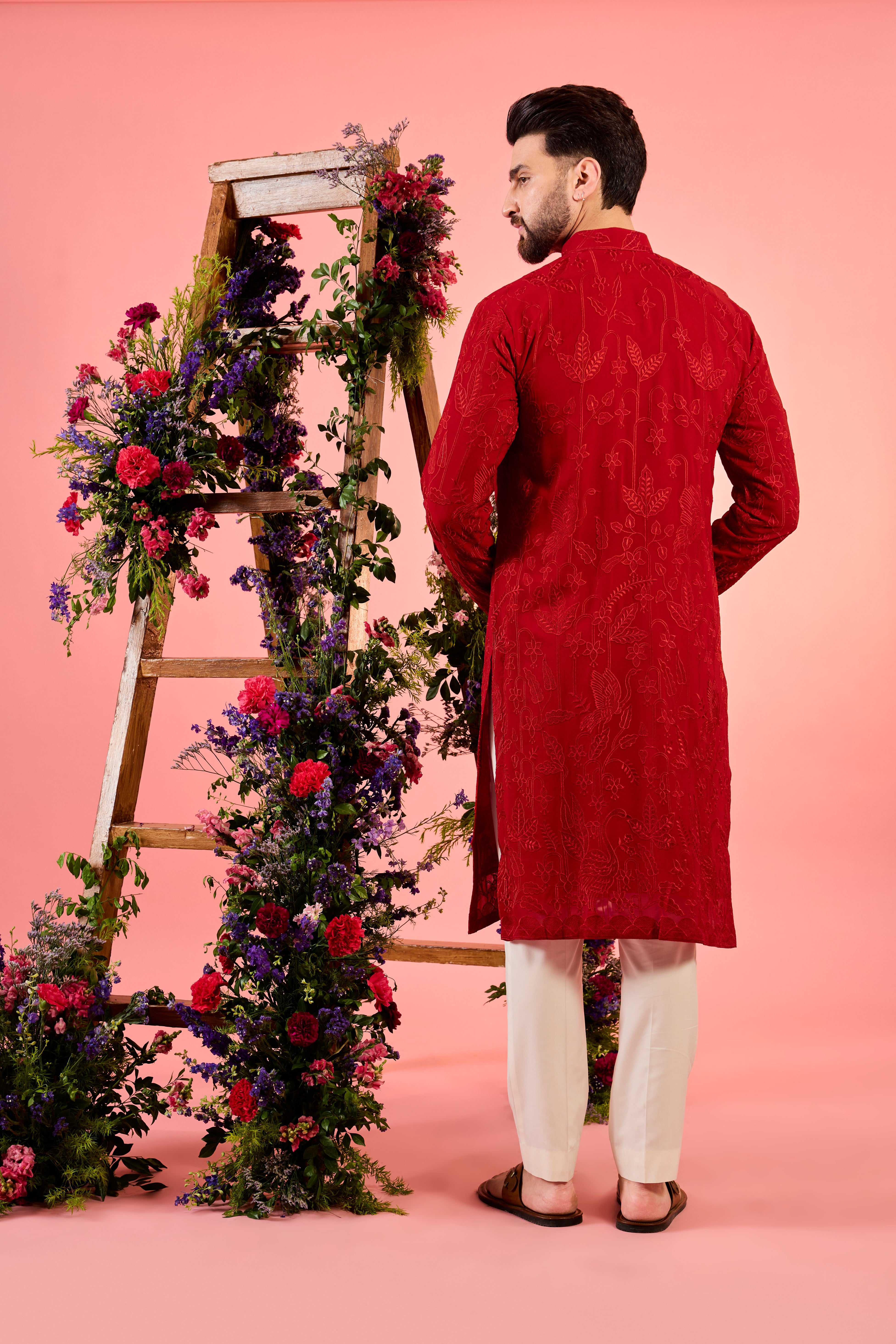 red chikankari kurta with delicate flora and fauna embroidery