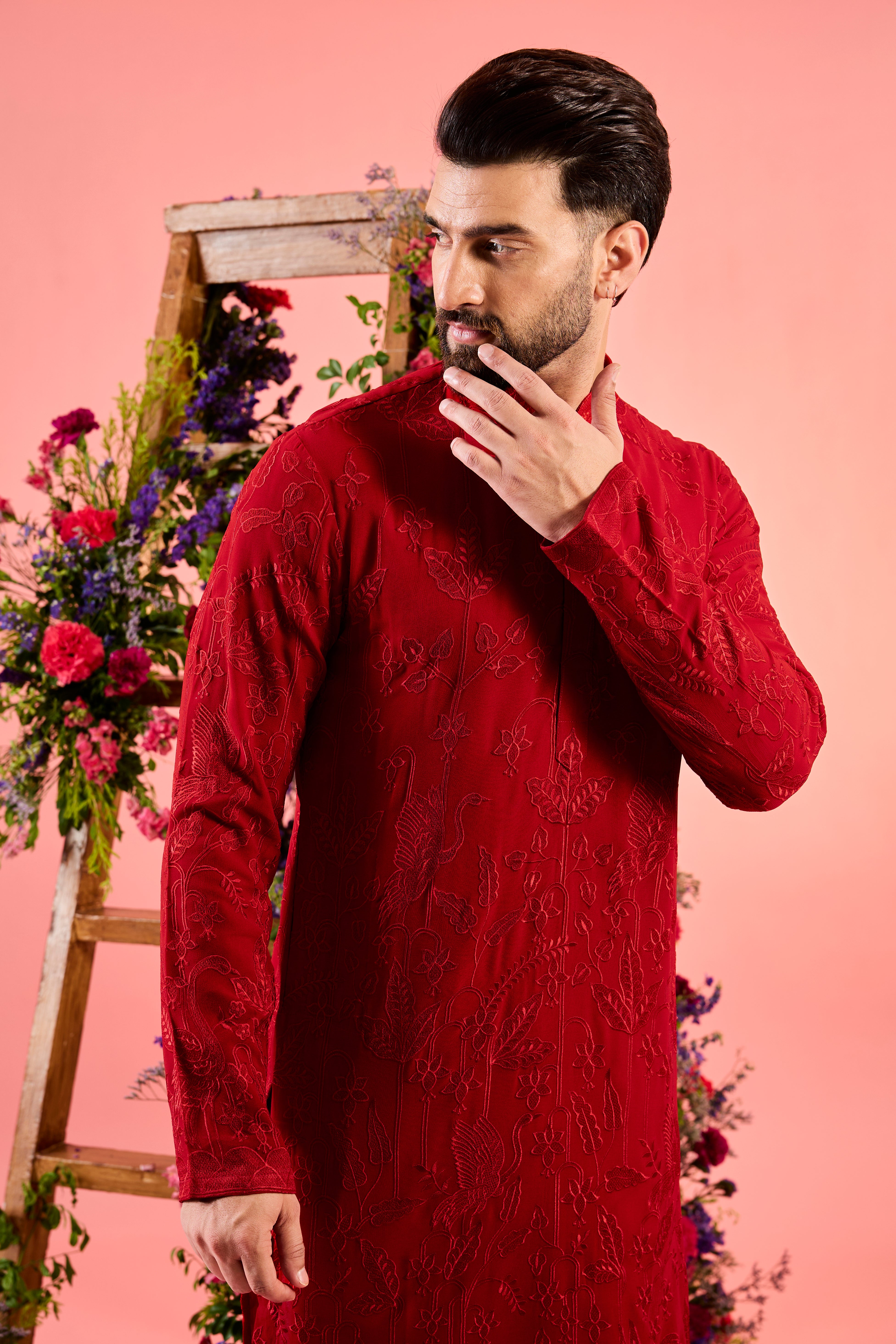 red chikankari kurta with delicate flora and fauna embroidery