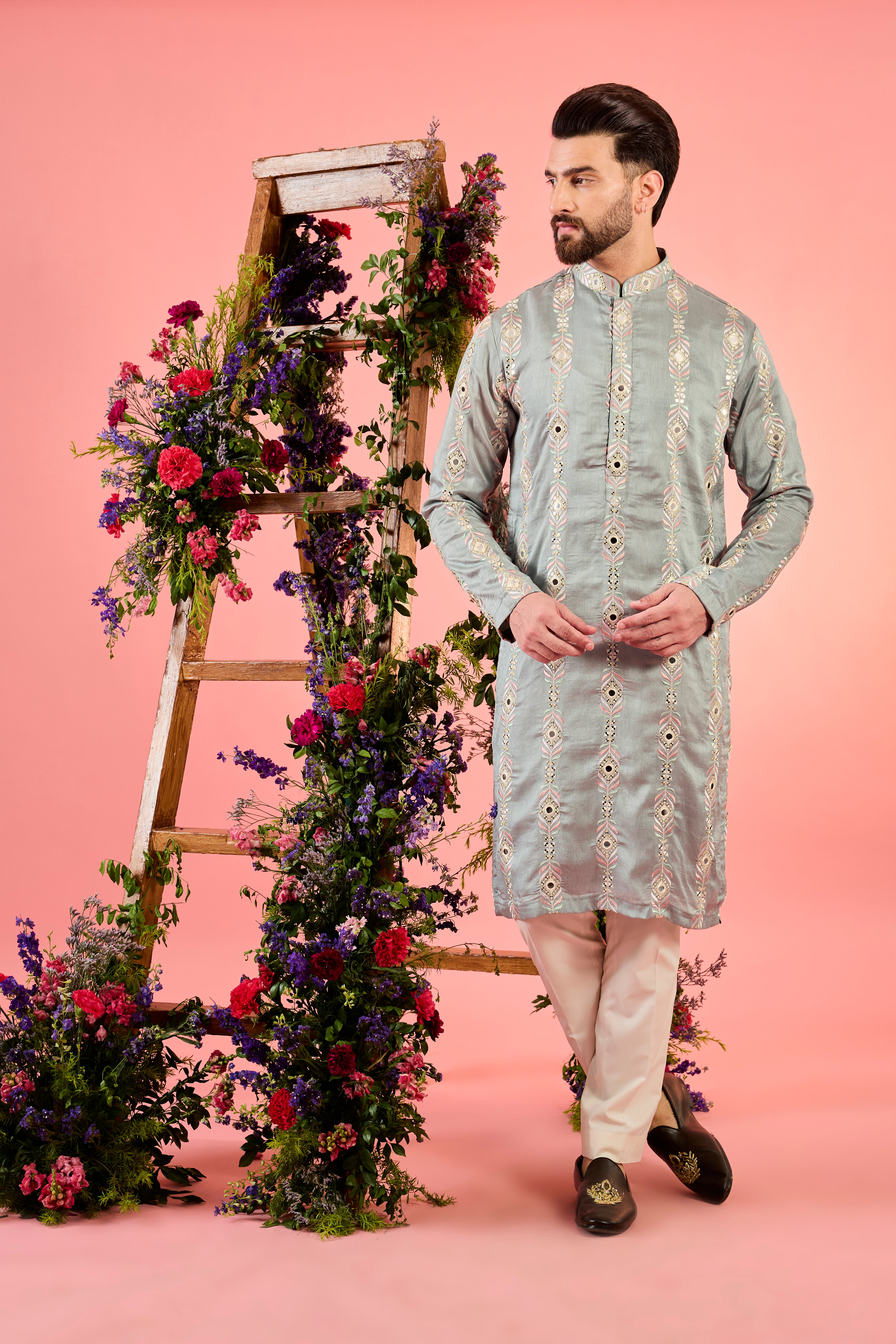 classic grey mirror work kurta with intricate multi thread work