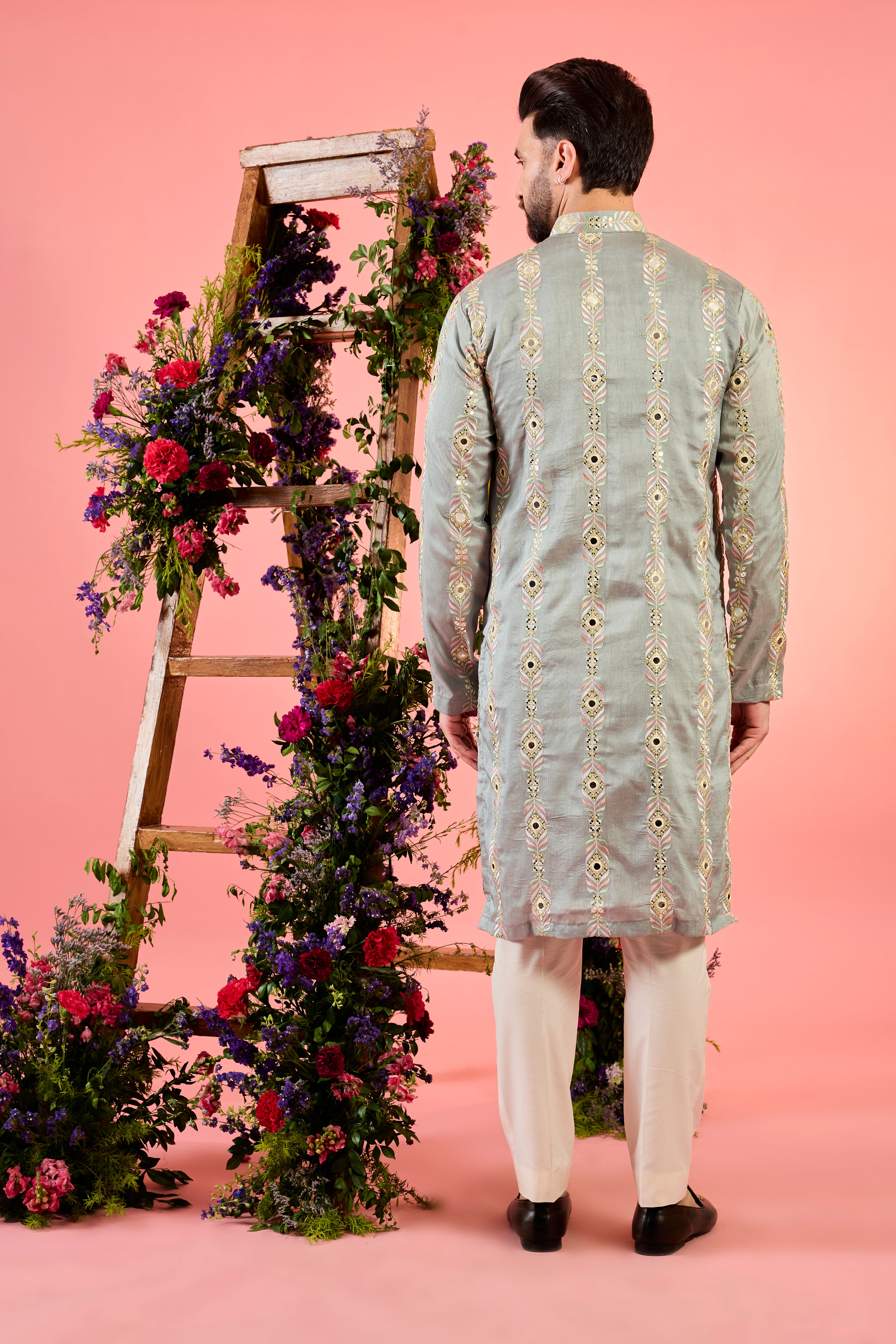 classic grey mirror work kurta with intricate multi thread work