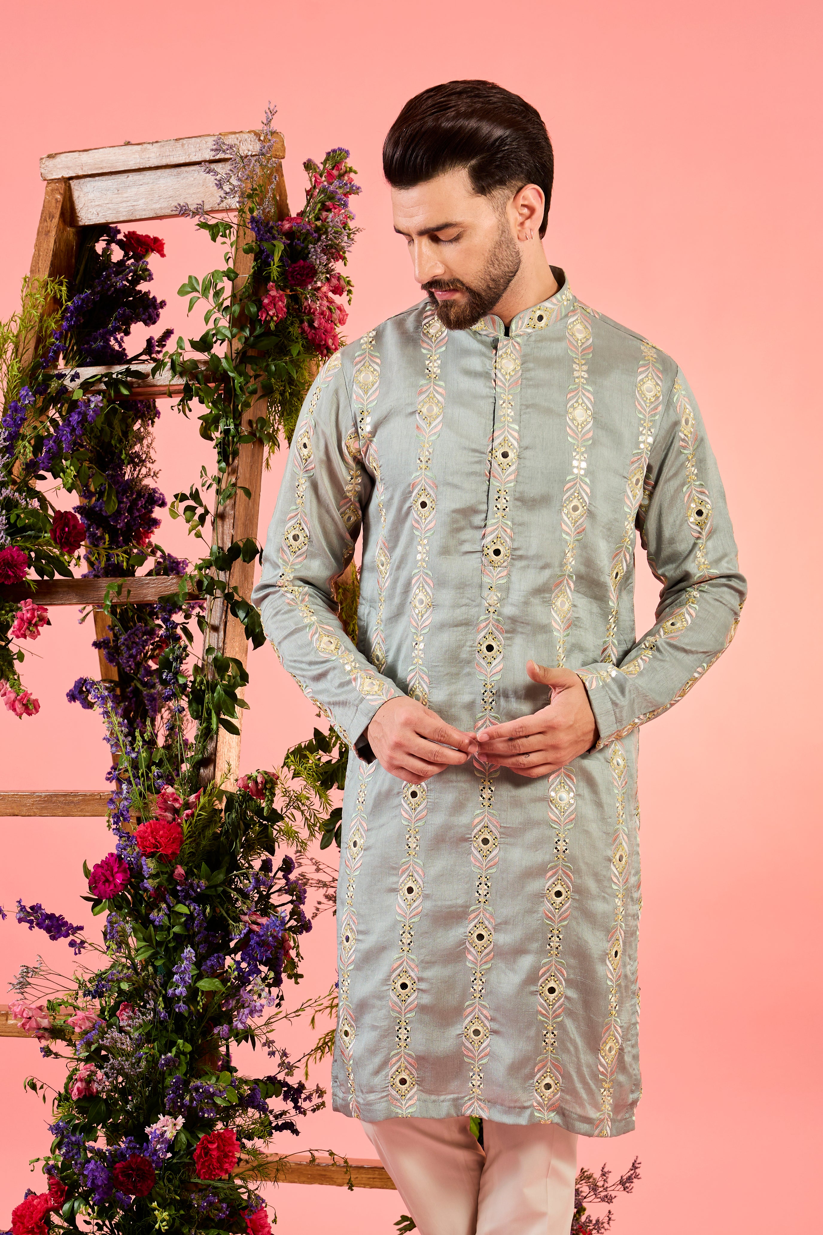 classic grey mirror work kurta with intricate multi thread work