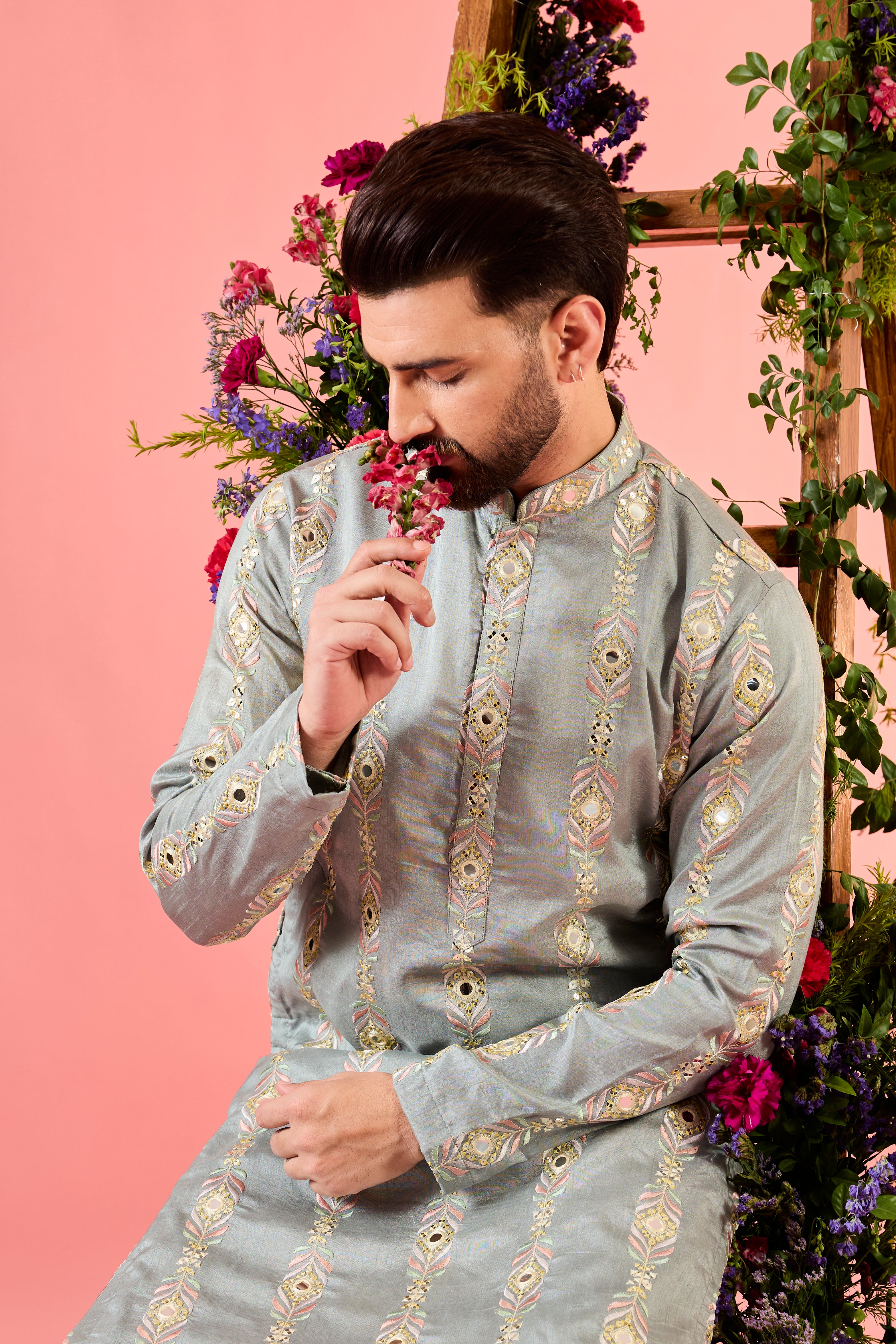 classic grey mirror work kurta with intricate multi thread work