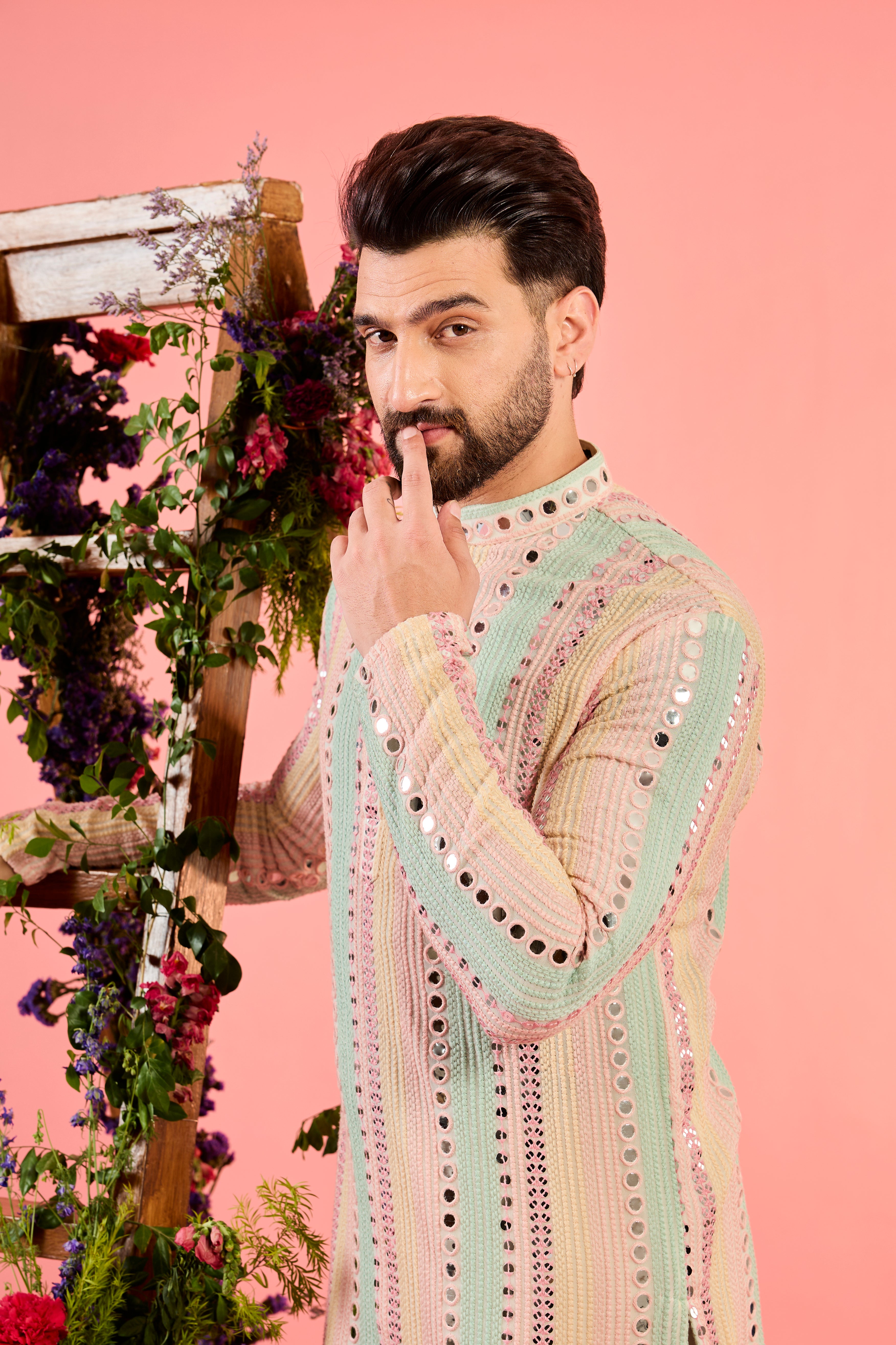 signature multi coloured mirror work kurta with intricate thread work