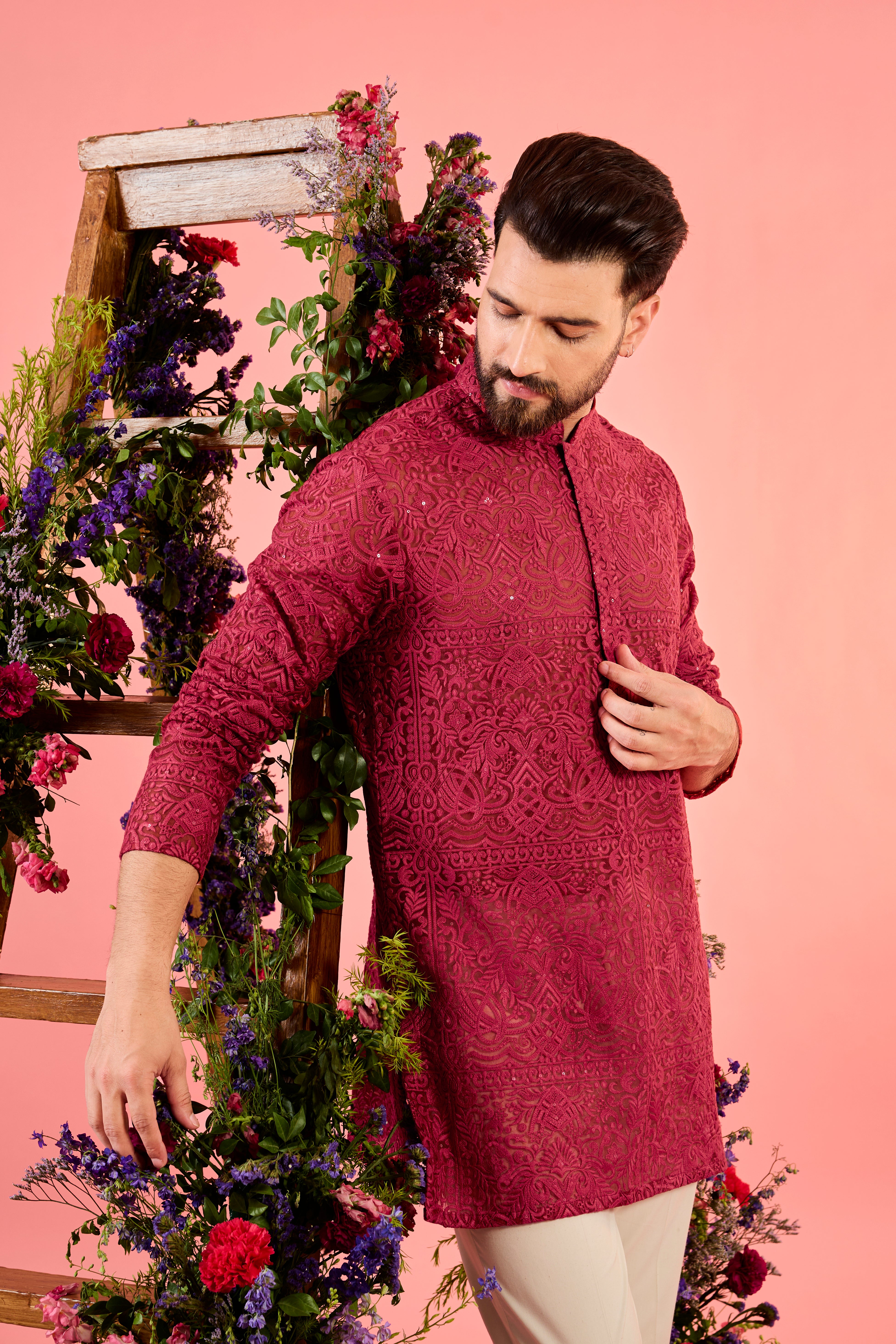 red short sheer chikankari kurta