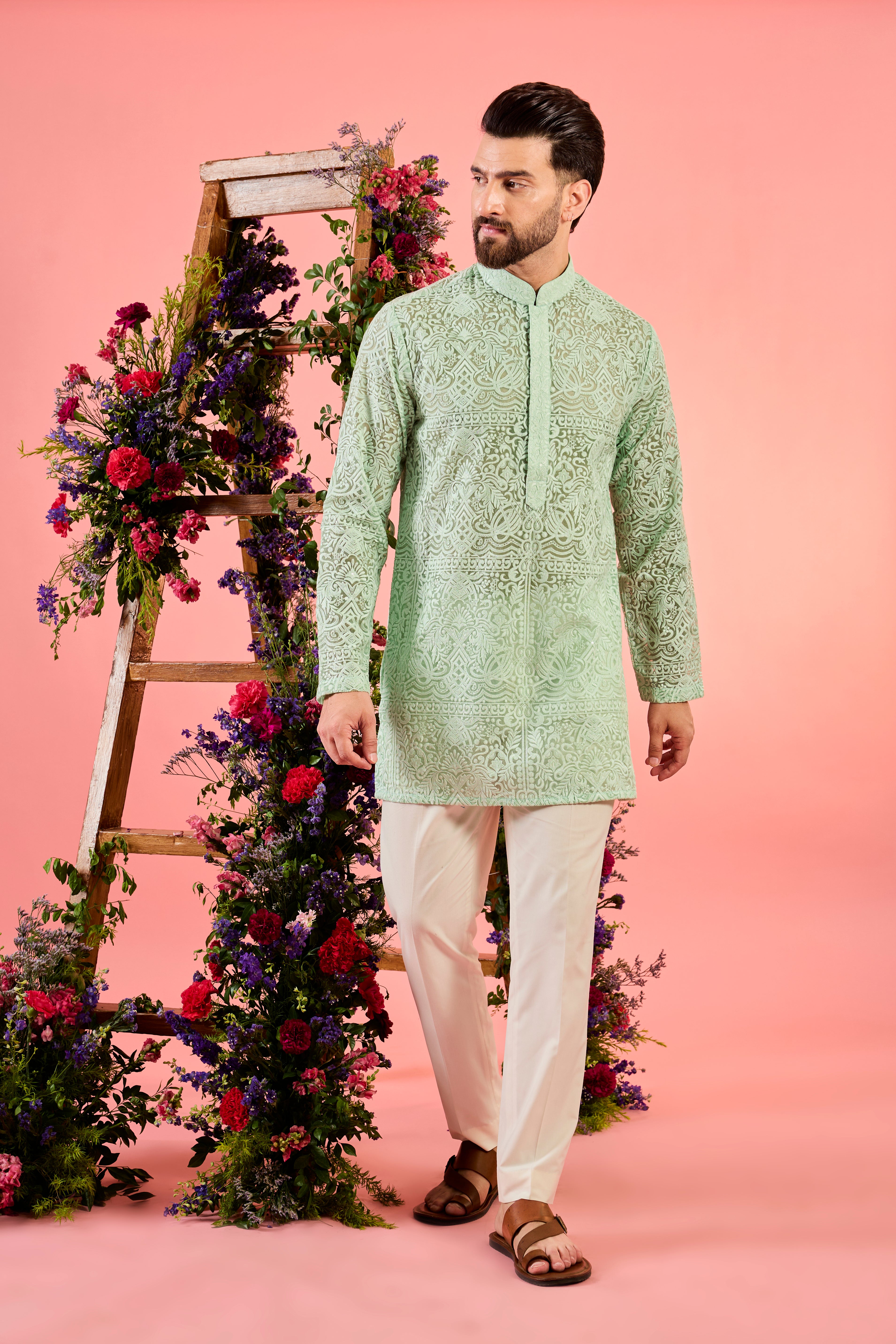 sea green sheer short embroidered kurta