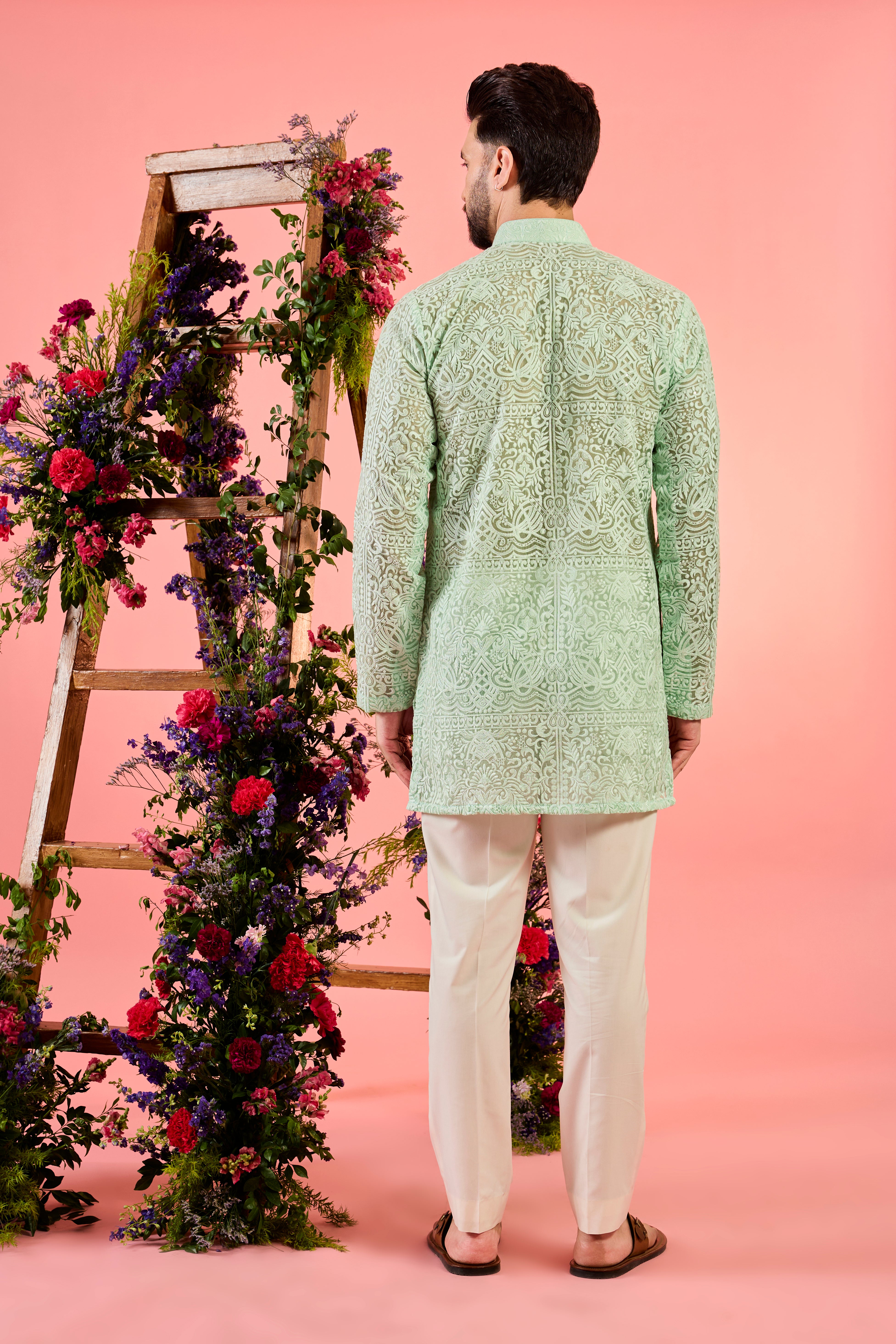sea green sheer short embroidered kurta