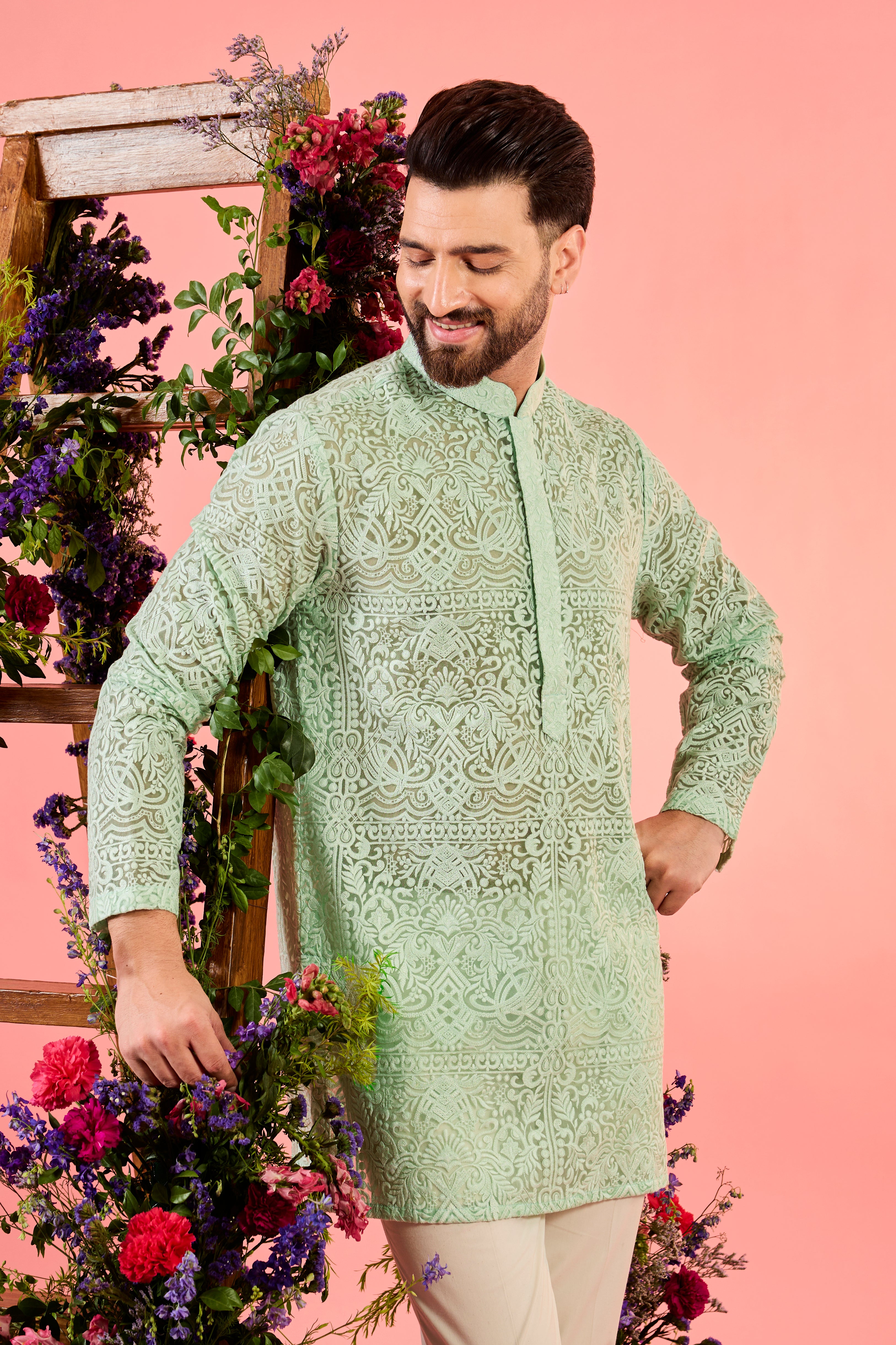 sea green sheer short embroidered kurta
