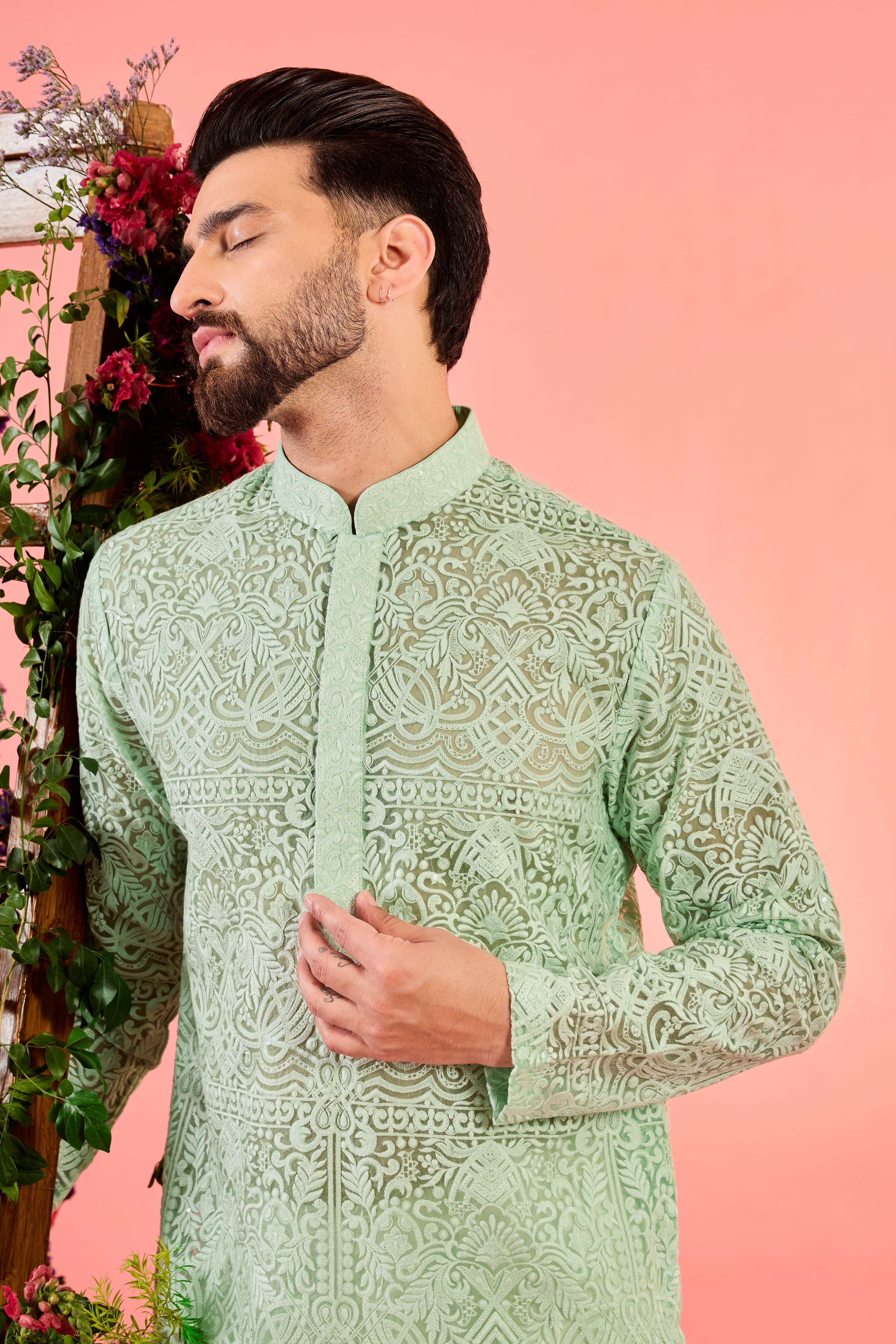 sea green sheer short embroidered kurta