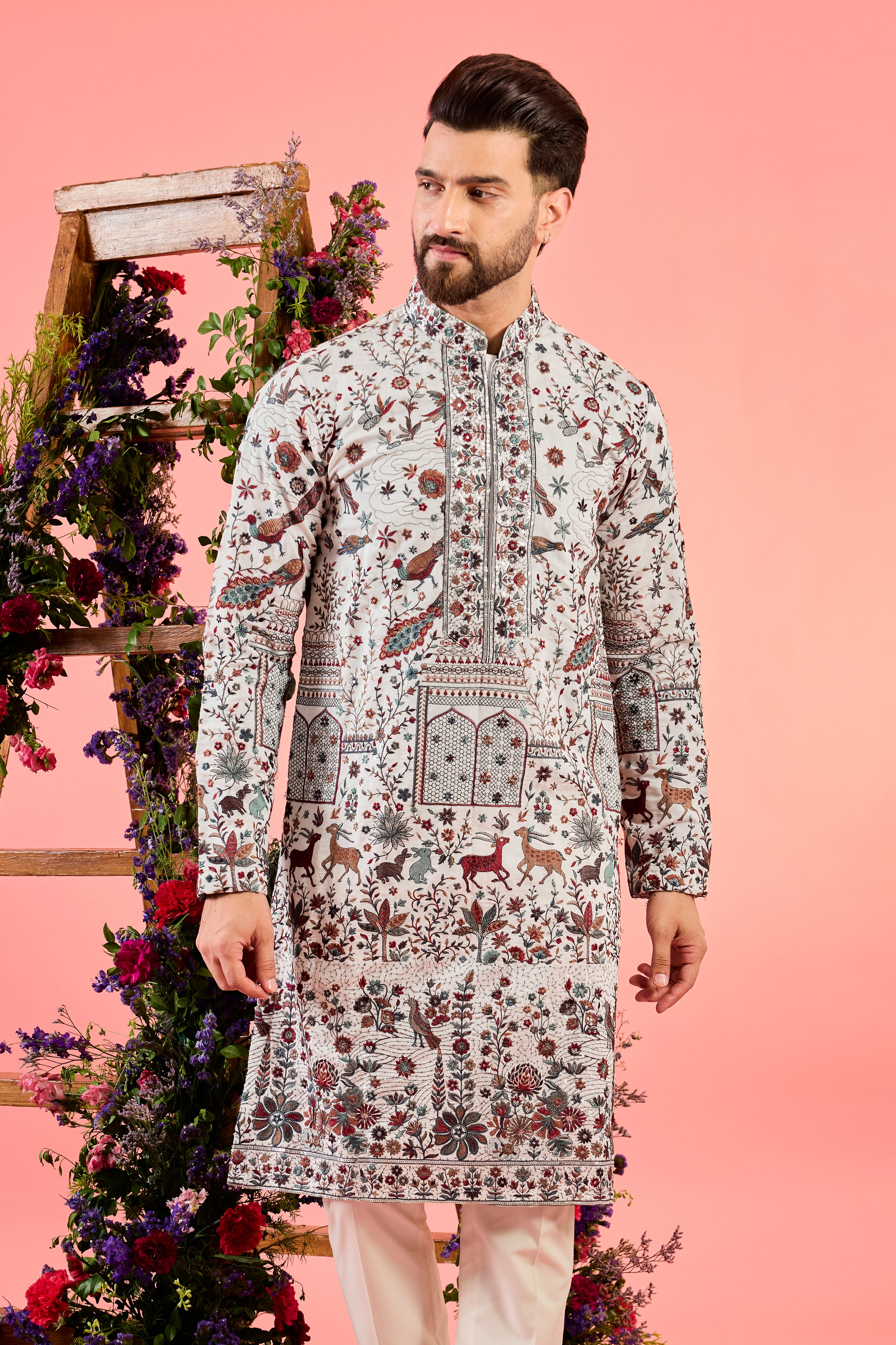 white chikankari kurta with deatiled flora & fauna and intricate neckline