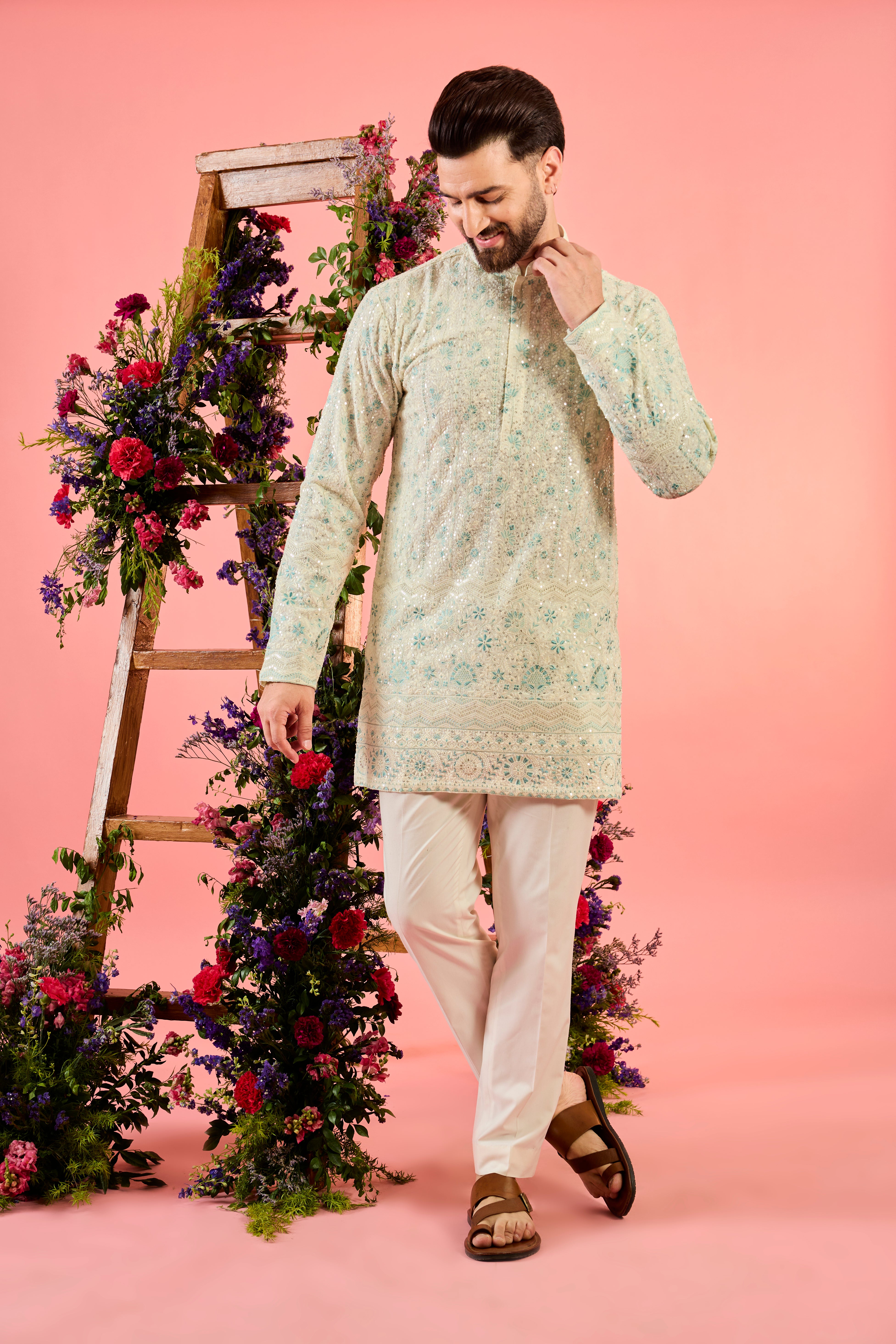 white and sea green short chikankari kurta