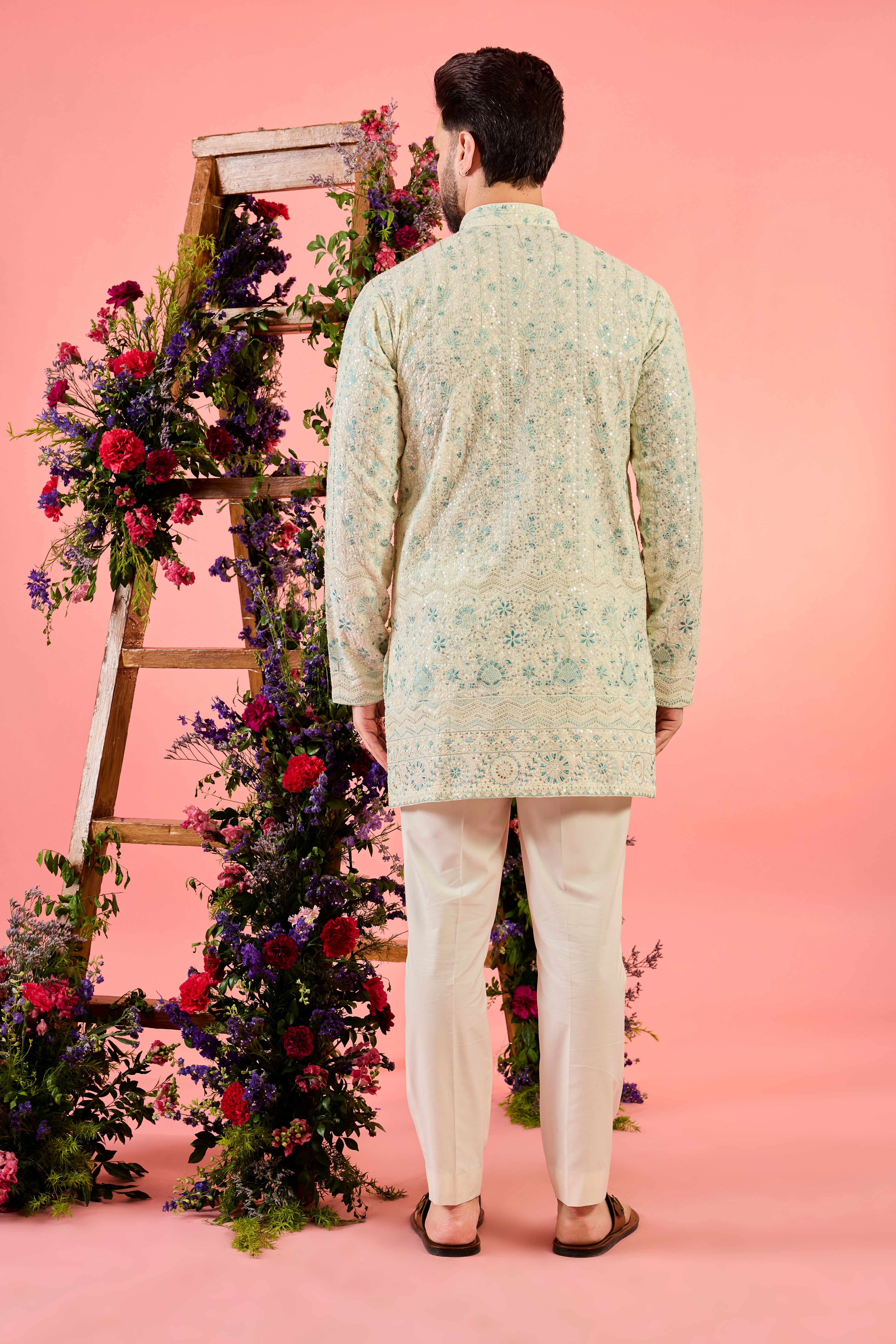 white and sea green short chikankari kurta