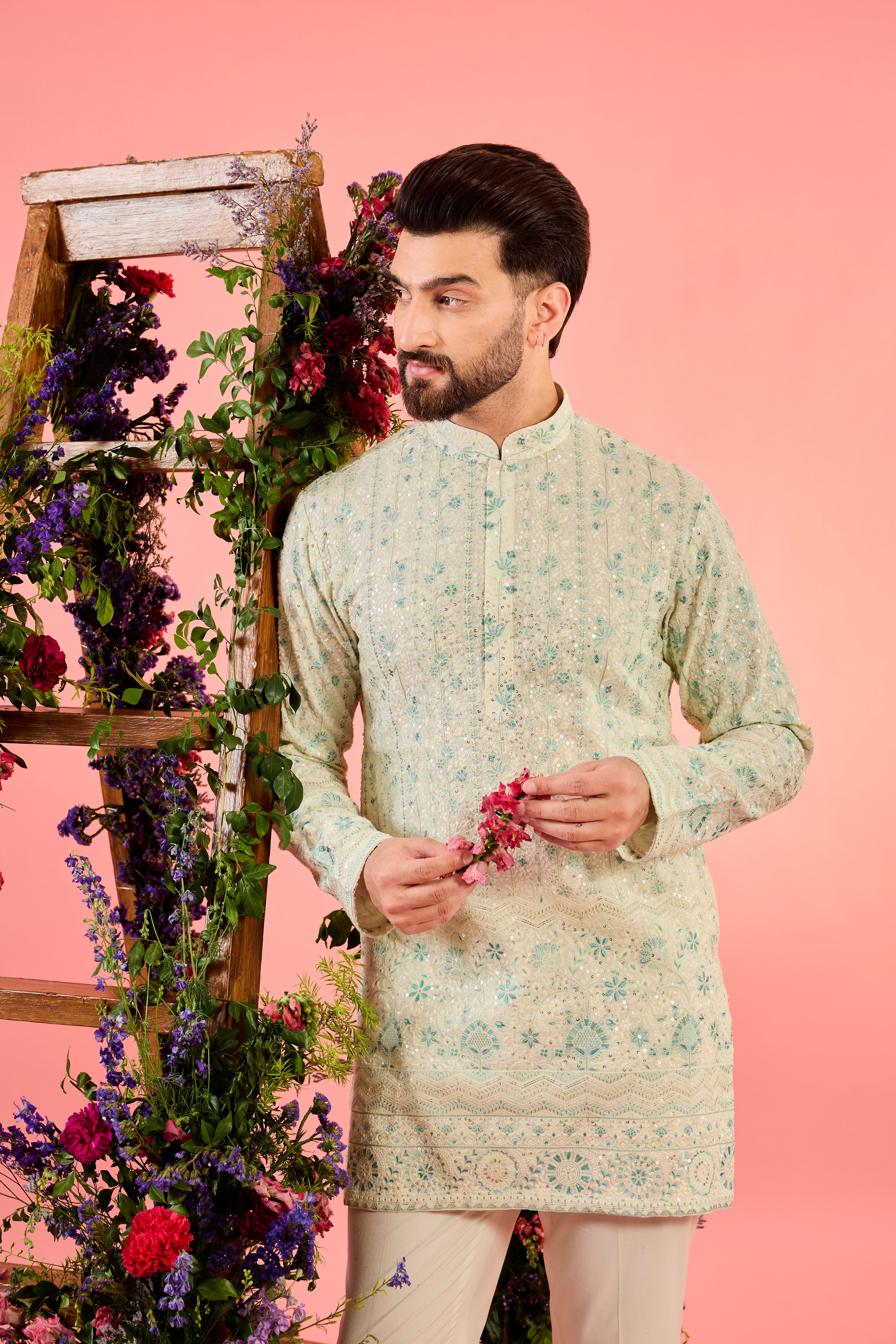 white and sea green short chikankari kurta