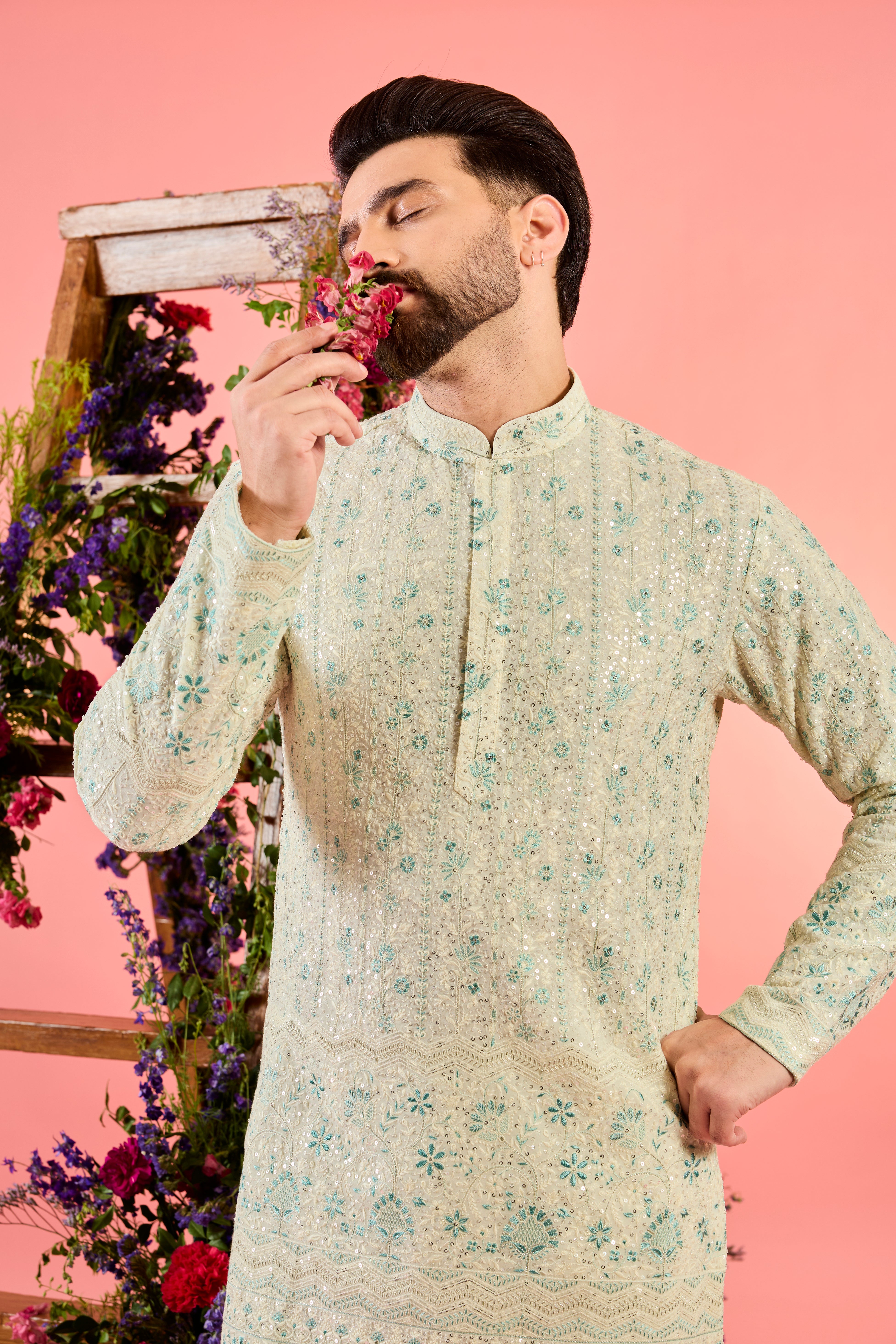 white and sea green short chikankari kurta