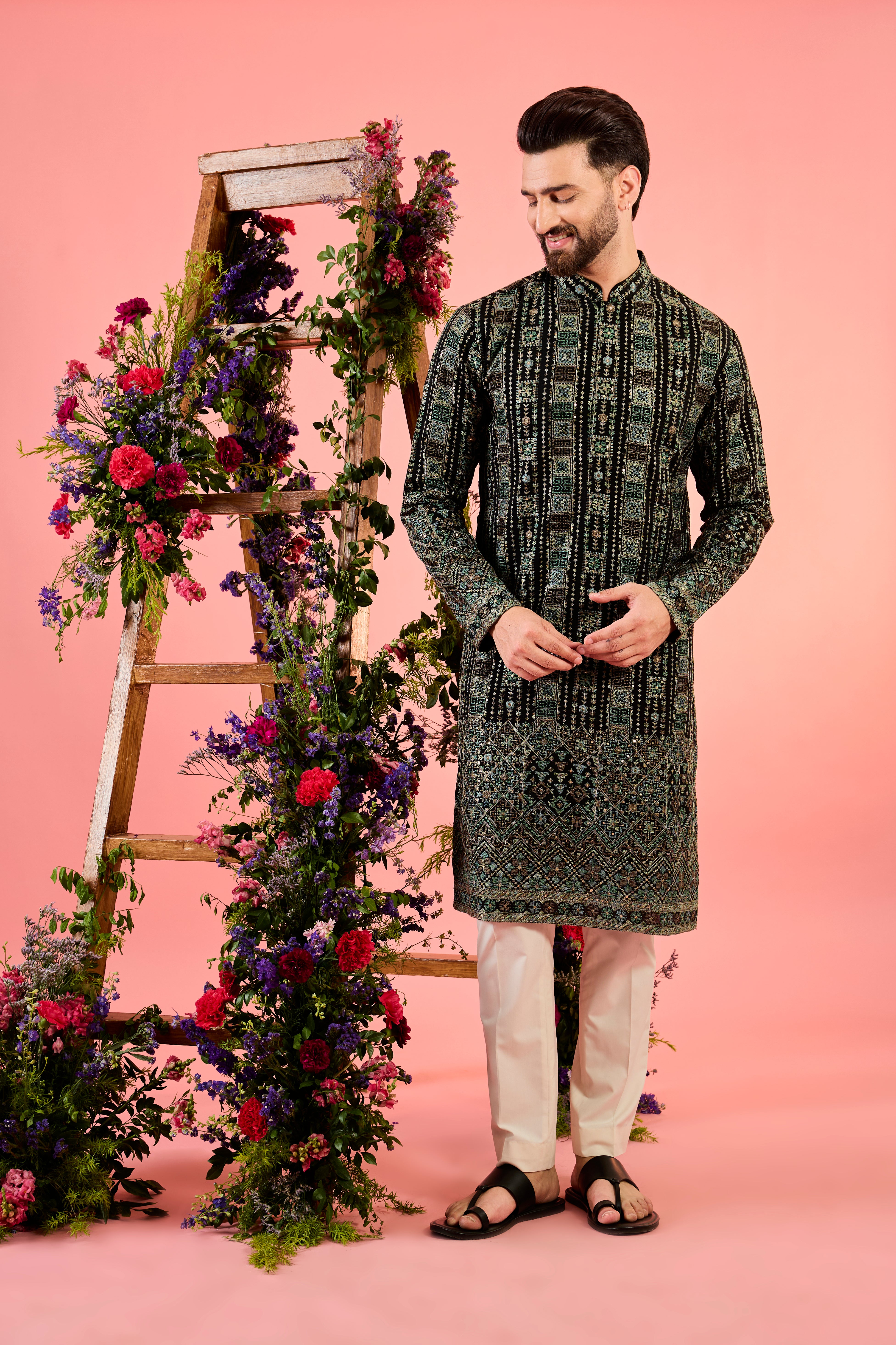 black chikankari kurta with delicate kashmiri thread work