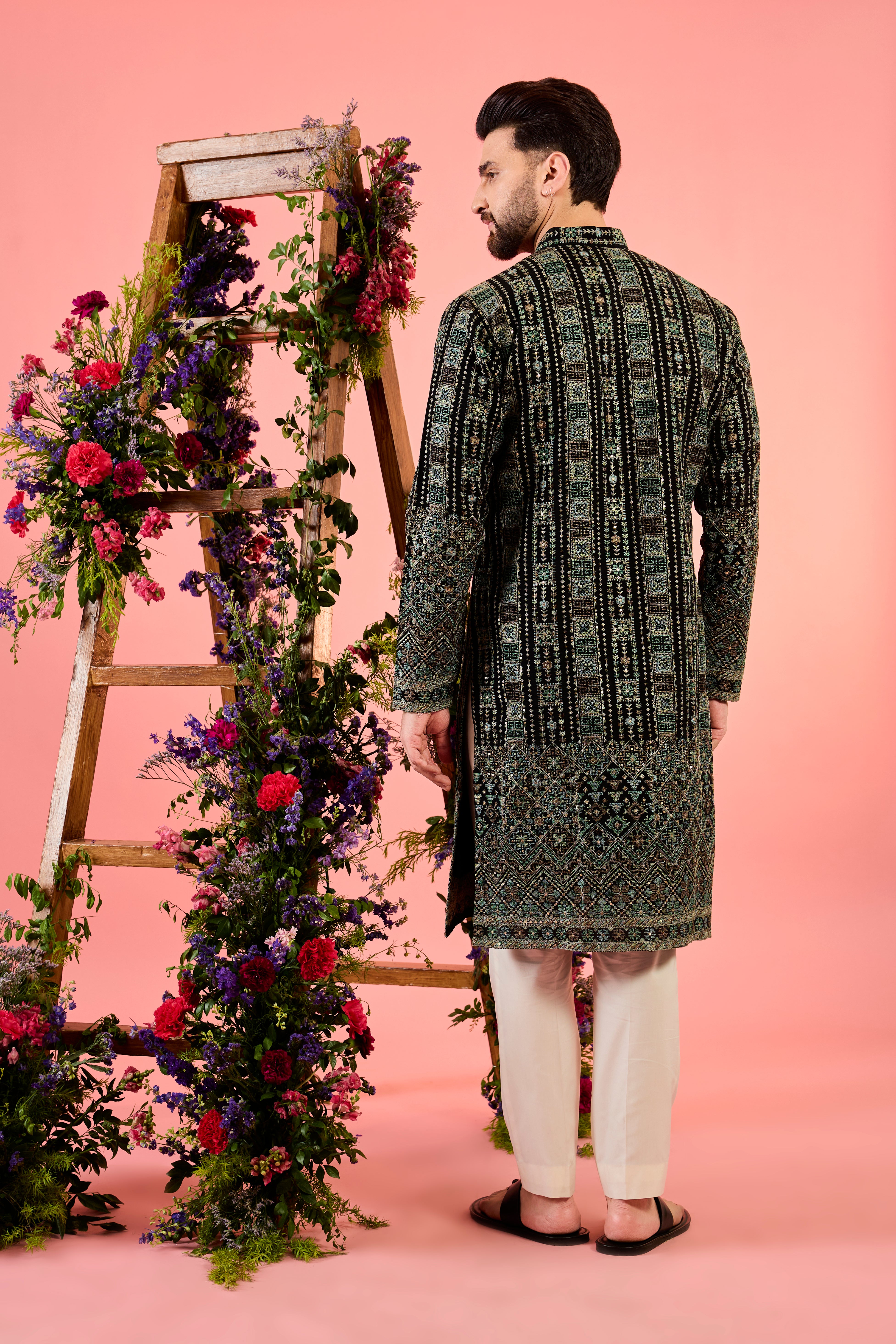 black chikankari kurta with delicate kashmiri thread work