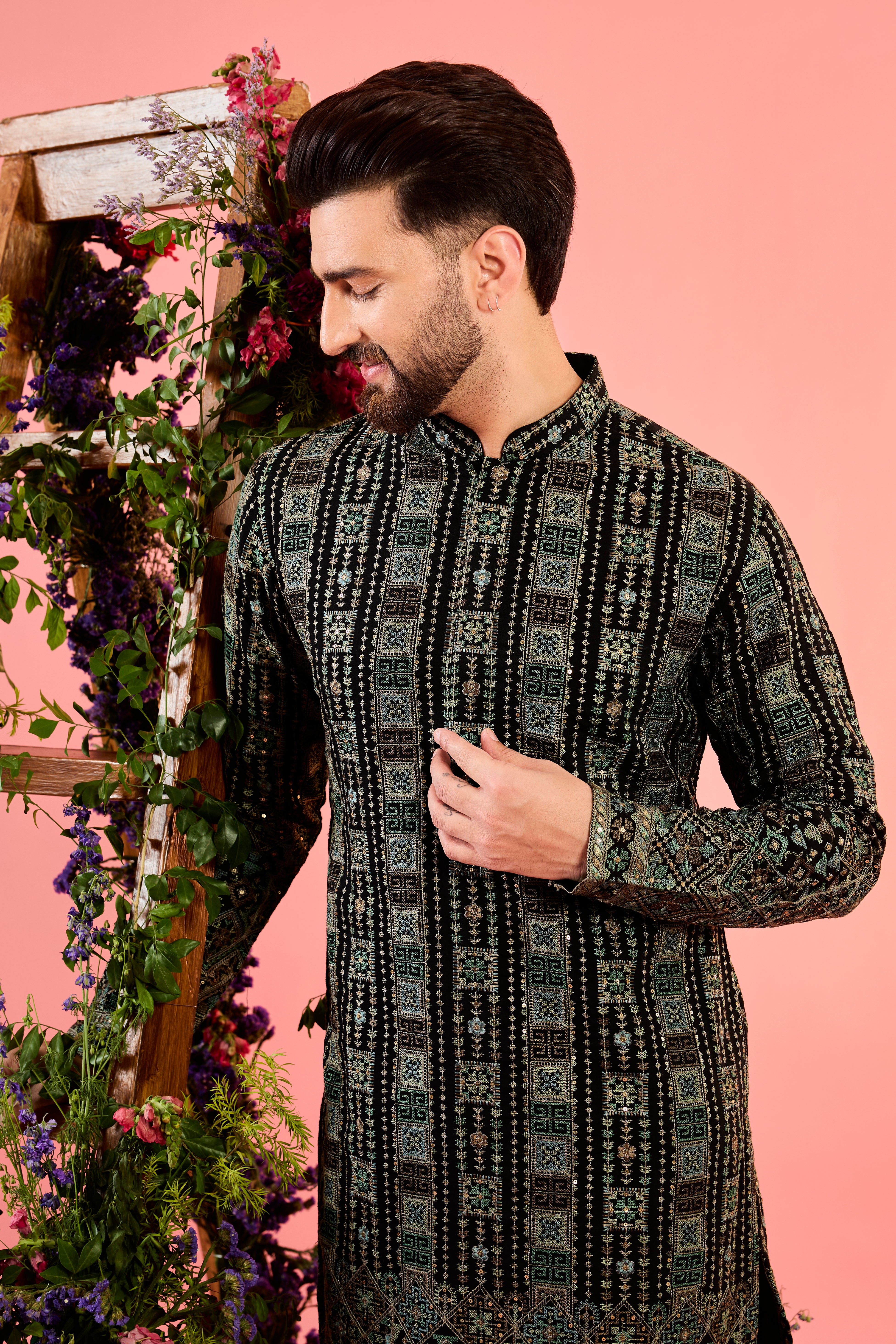 black chikankari kurta with delicate kashmiri thread work
