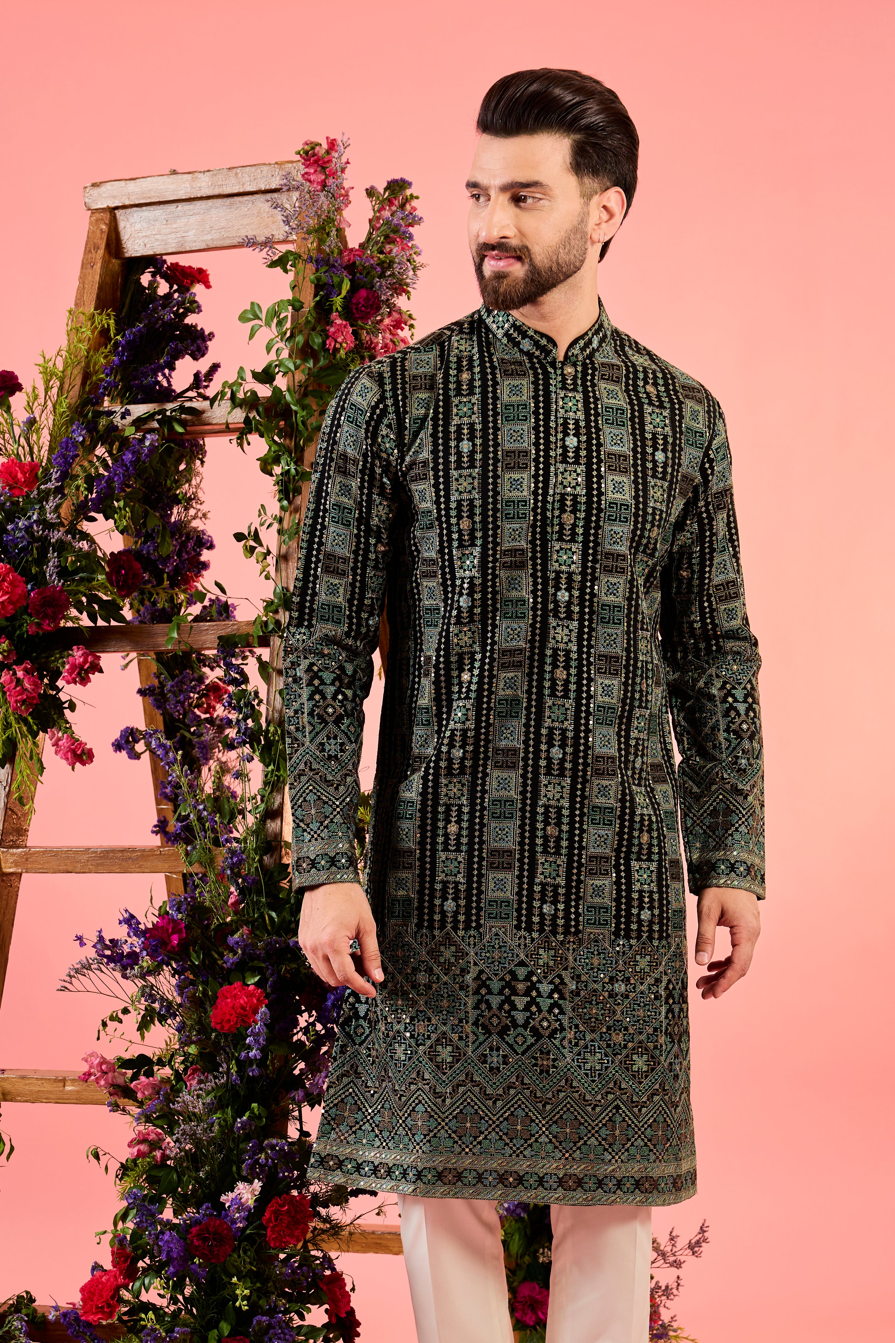 black chikankari kurta with delicate kashmiri thread work