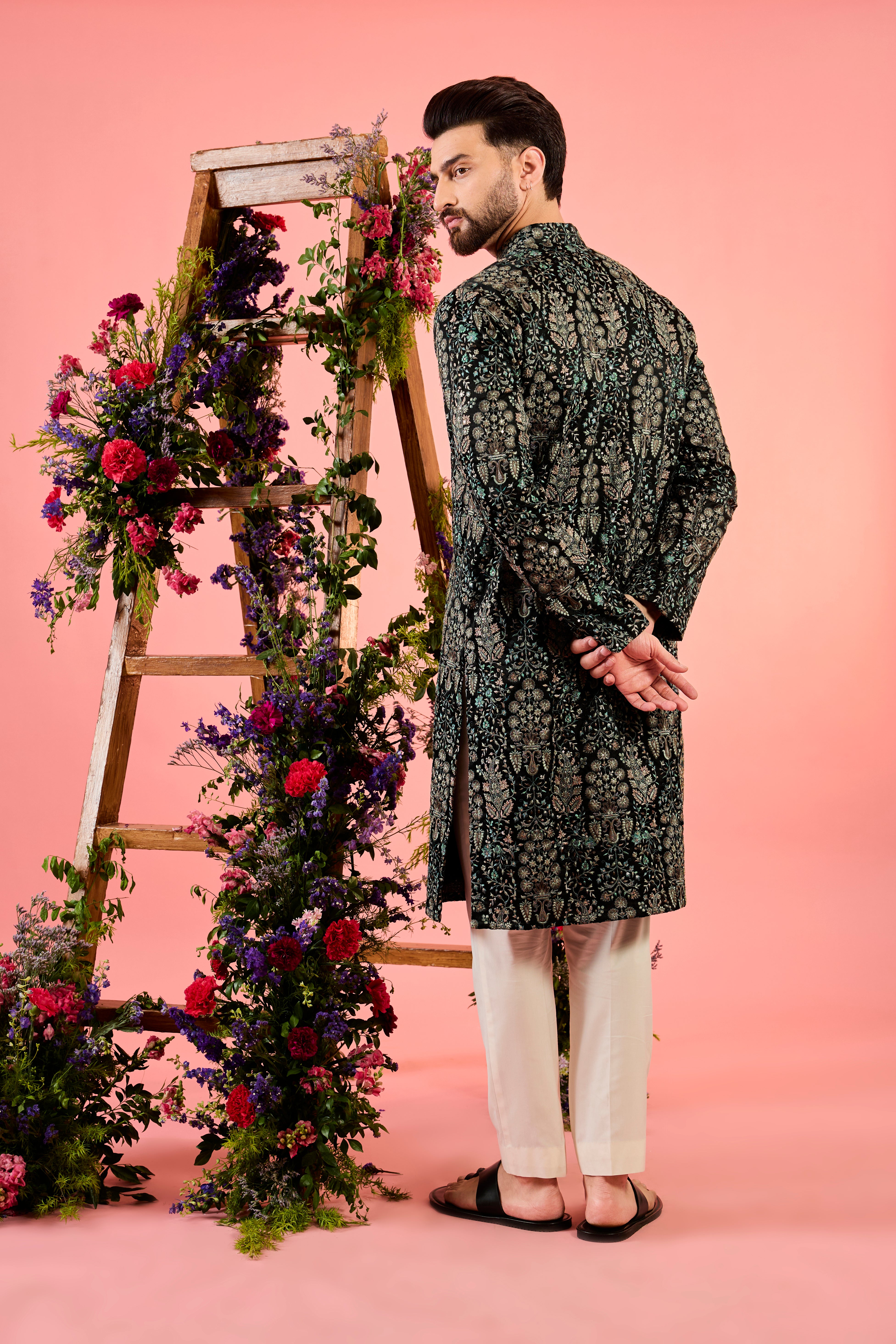 black chikankari kurta with delicate floral thread work